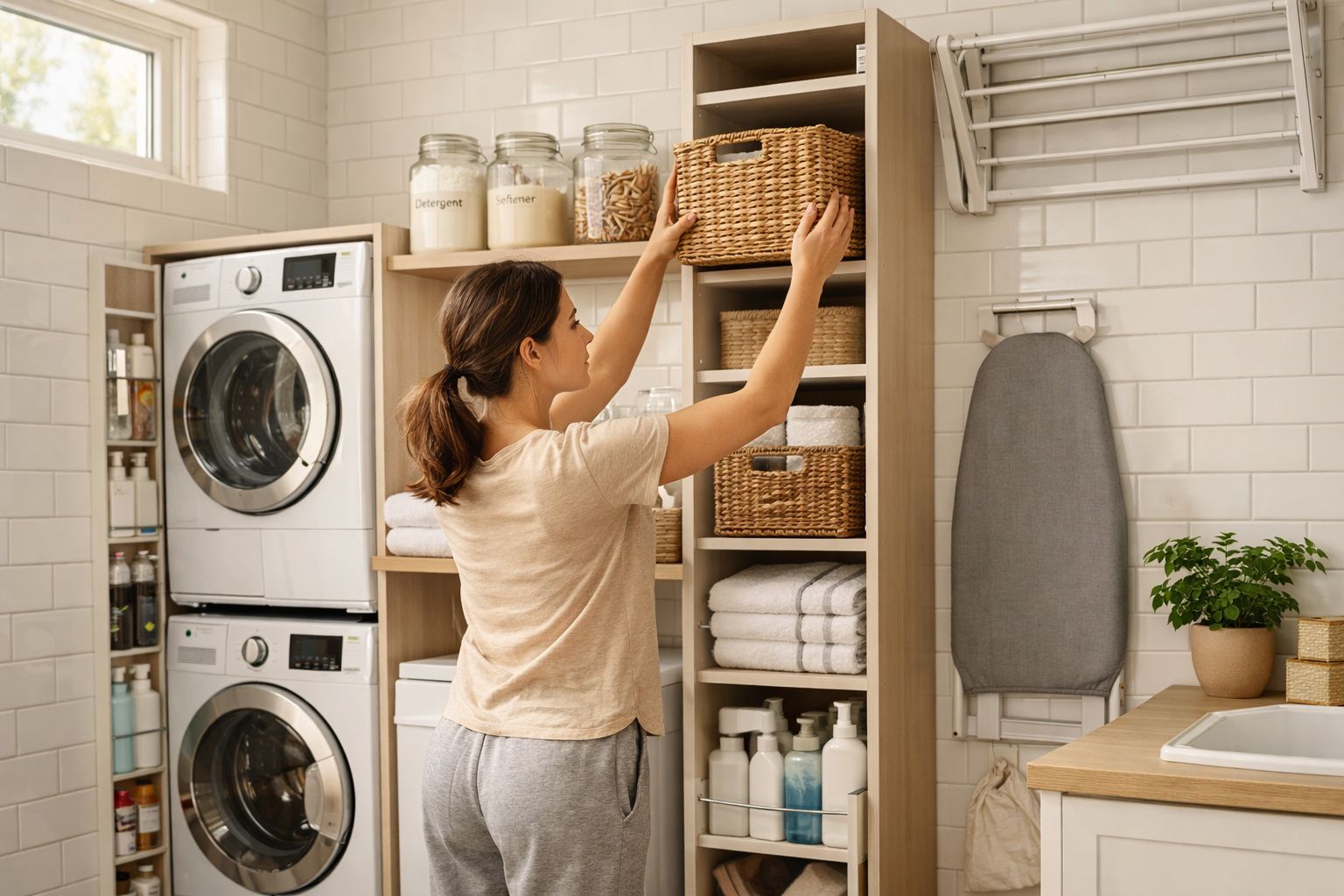 Mulher a organizar cestos na lavandaria organizada com máquina de lavar e produtos de limpeza.