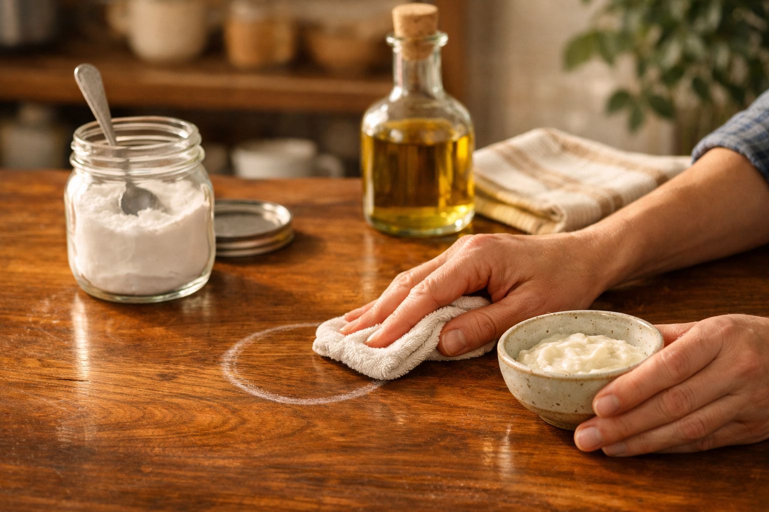 Mãos a limpar nódoa branca numa mesa de madeira com pano, perto de frasco de óleo e recipiente com pasta branca.