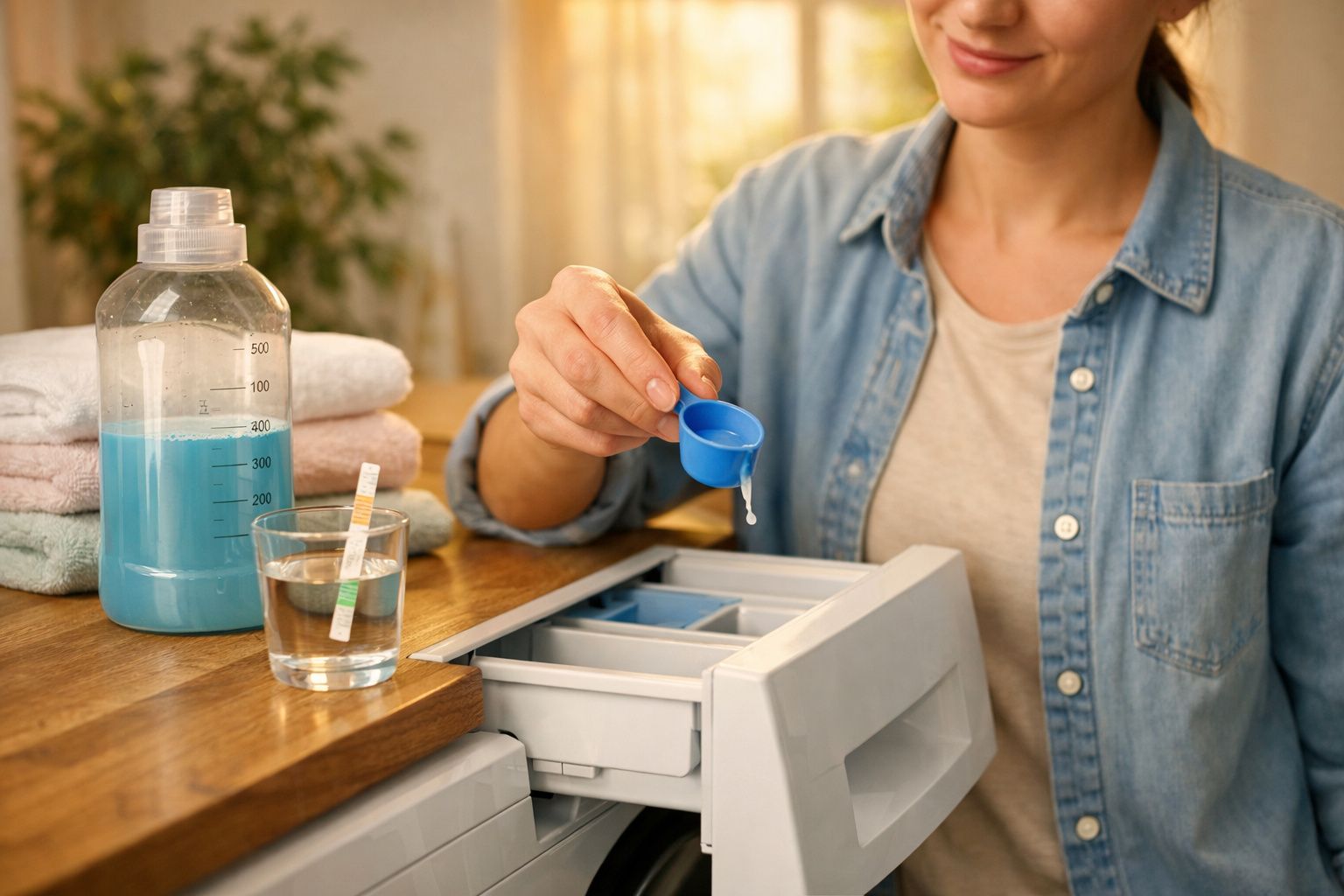 Pessoa a colocar detergente azul na máquina de lavar roupa, com toalhas e copo de água na mesa ao lado.