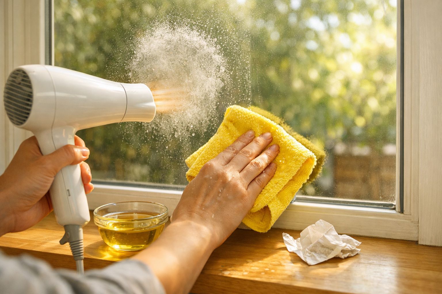 Pessoa a limpar vidraça com pano amarelo e secador de cabelo, com luz natural e árvore ao fundo.