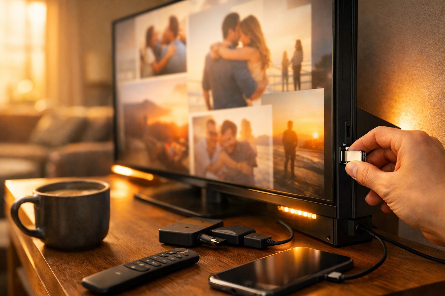 Pessoa a conectar pen USB na televisão que mostra fotografias de família e amigos ao pôr do sol.