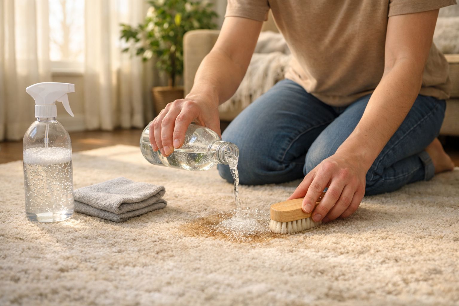 Pessoa a limpar uma mancha num tapete bege com escova e líquido de limpeza transparente.