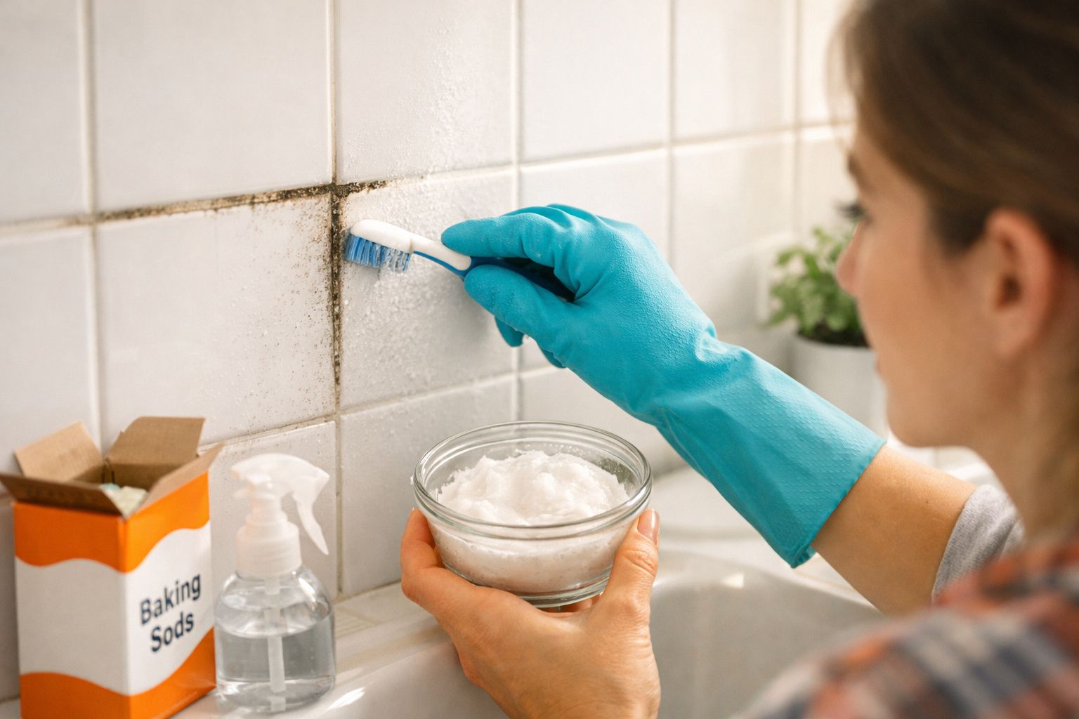 Pessoa a limpar bolor em azulejos com escova e bicarbonato de sódio, usando luvas azuis de borracha.
