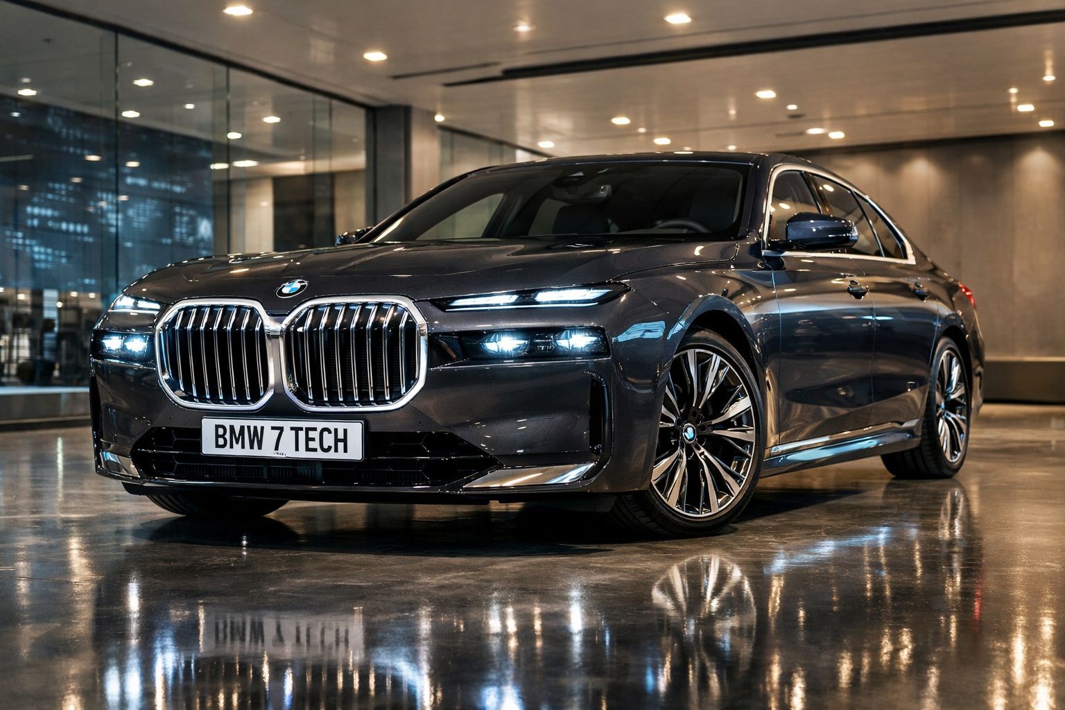 Carro de luxo BMW 7 Series preto estacionado em interior moderno com luzes ligadas e reflexo no chão.