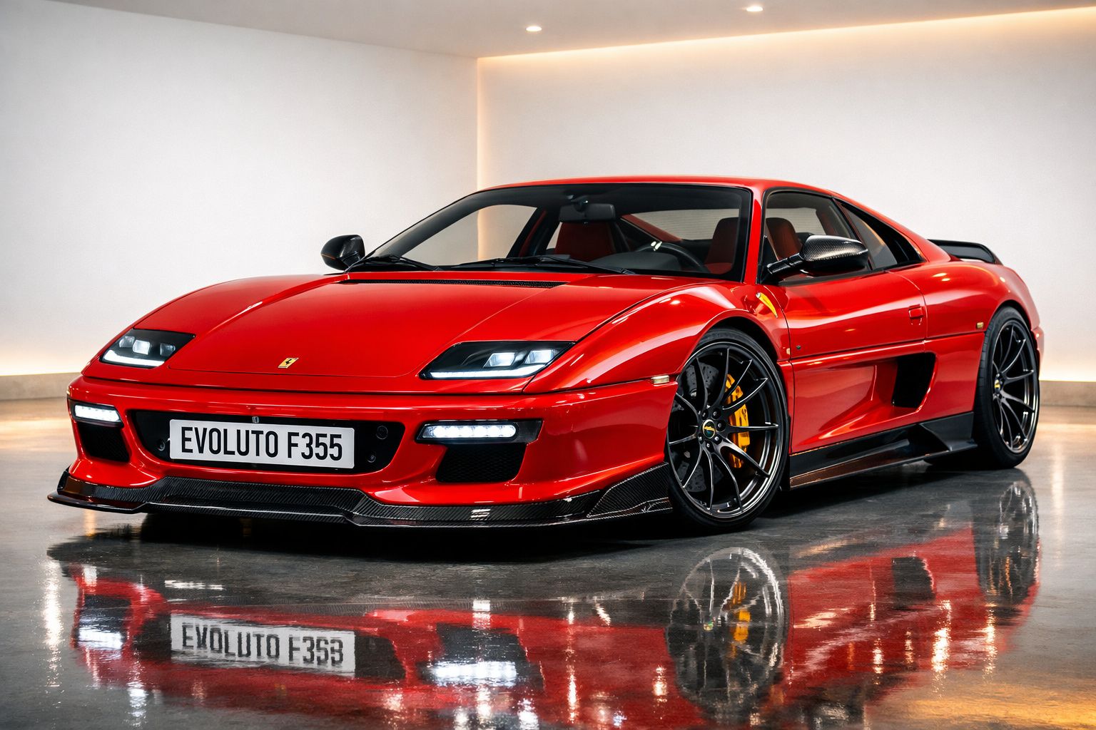 Carro desportivo vermelho Ferrari Evoluto F355 estacionado em chão refletor e iluminação ambiente branca.