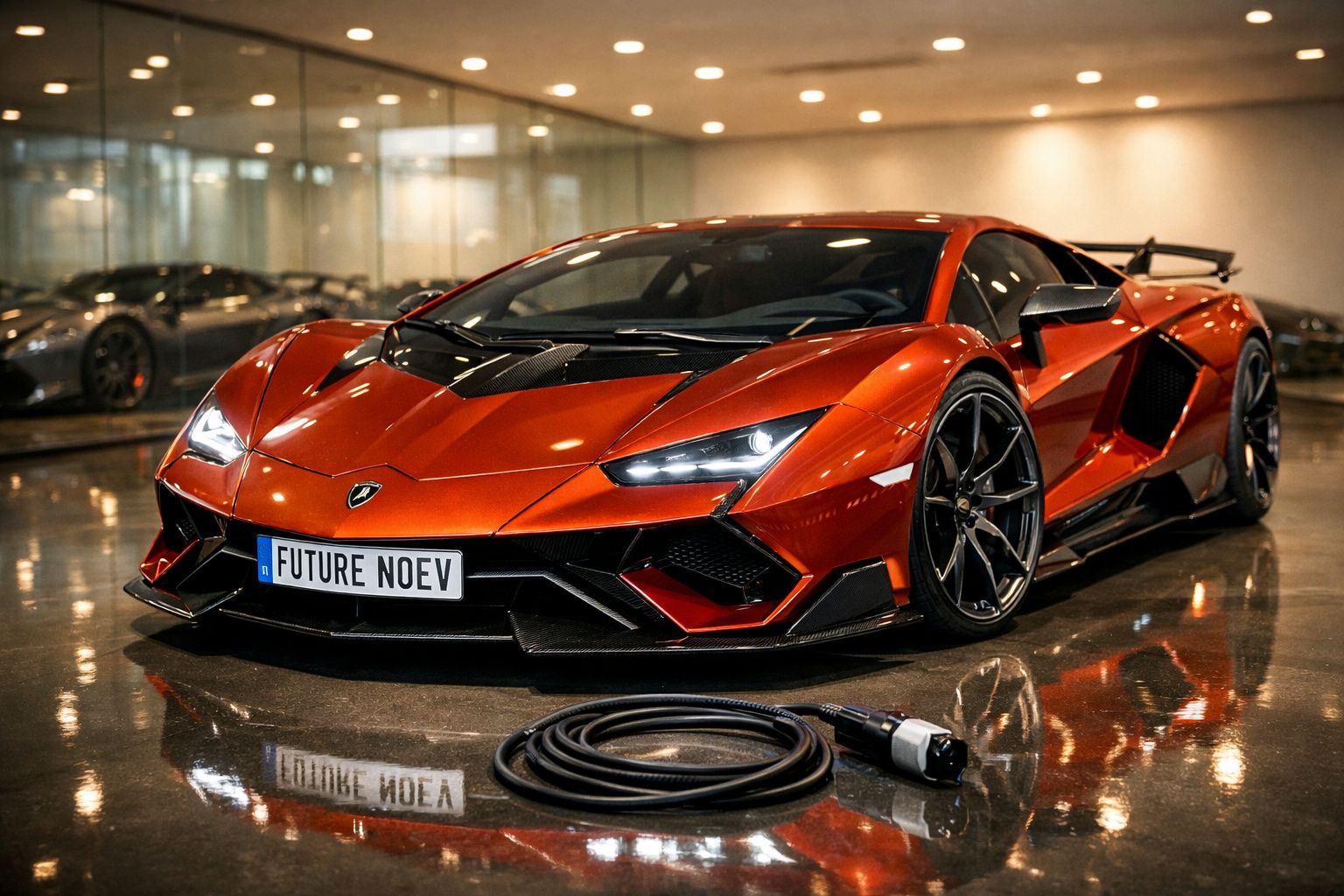 Carro desportivo elétrico laranja metálico numa garagem com carregador ligado no chão.