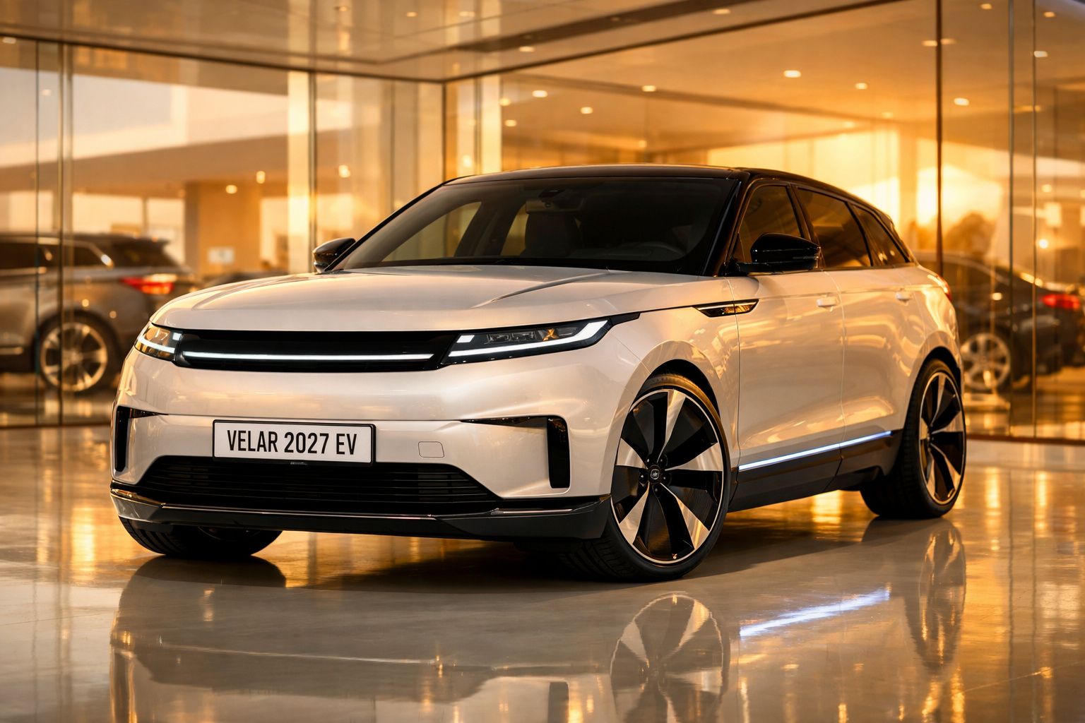 Carro elétrico SUV branco Velar 2027 EV estacionado em showroom com piso refletor e iluminação quente.
