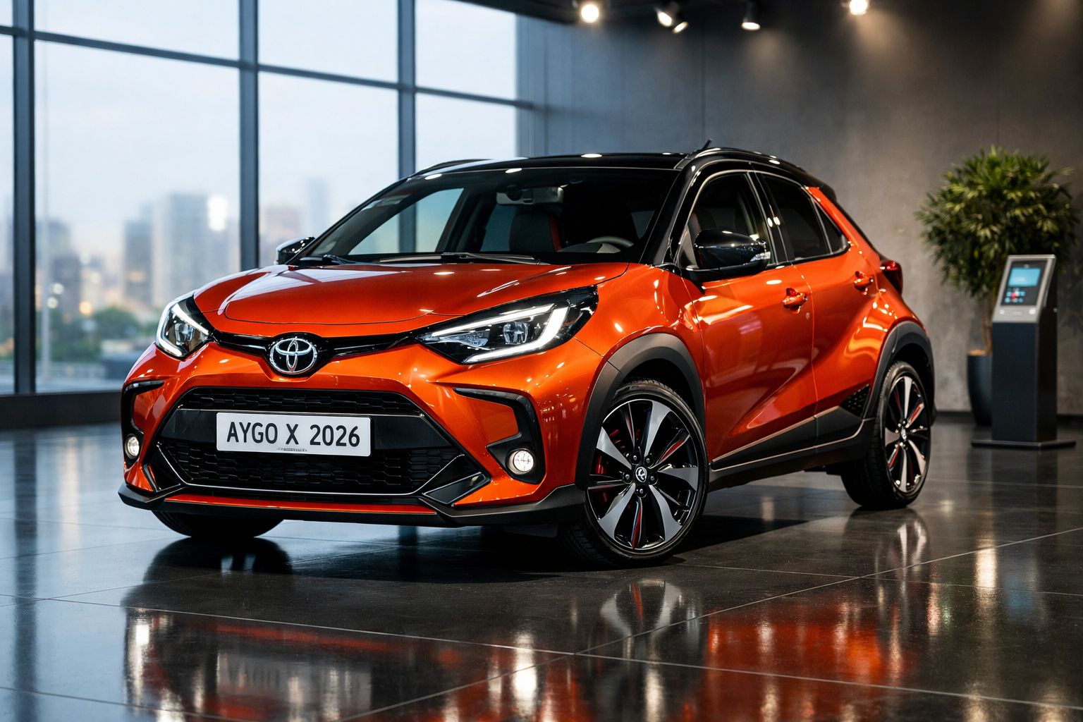 Carro Toyota Aygo X 2026 laranja com tejadilho preto em chão brilhante dentro de showroom moderno.