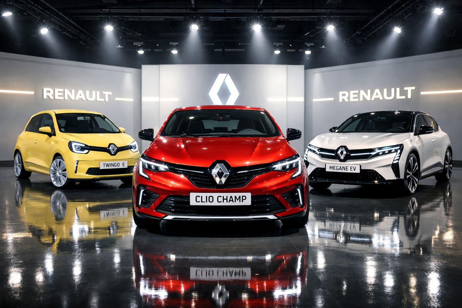 Três carros Renault expostos: amarelo Twingo E, vermelho Clio Champ e branco Megane EV num salão iluminado.