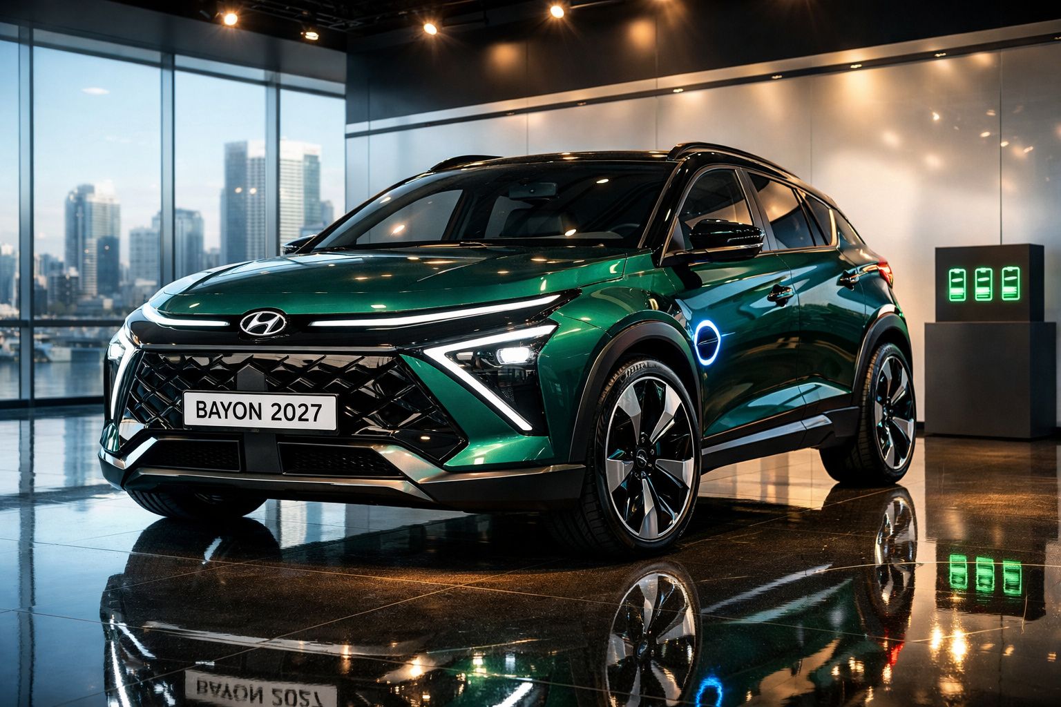 Carro elétrico Hyundai Bayon 2027 verde exposto num showroom moderno com janela panorâmica para a cidade.