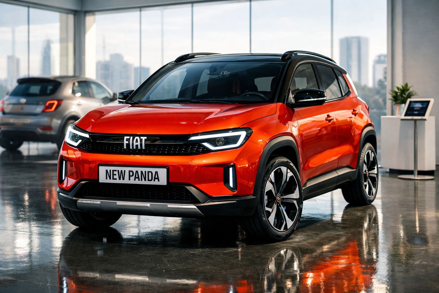 Automóvel Fiat New Panda laranja exposto em showroom moderno com chão refletor.