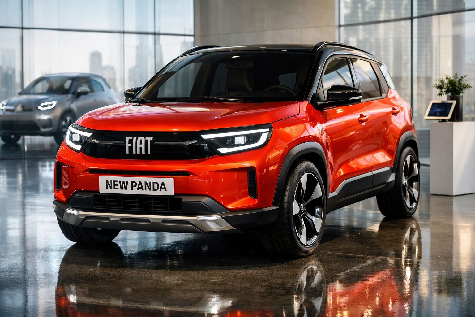 Carro elétrico Fiat New Panda vermelho em showroom moderno com grandes janelas e piso refletor.