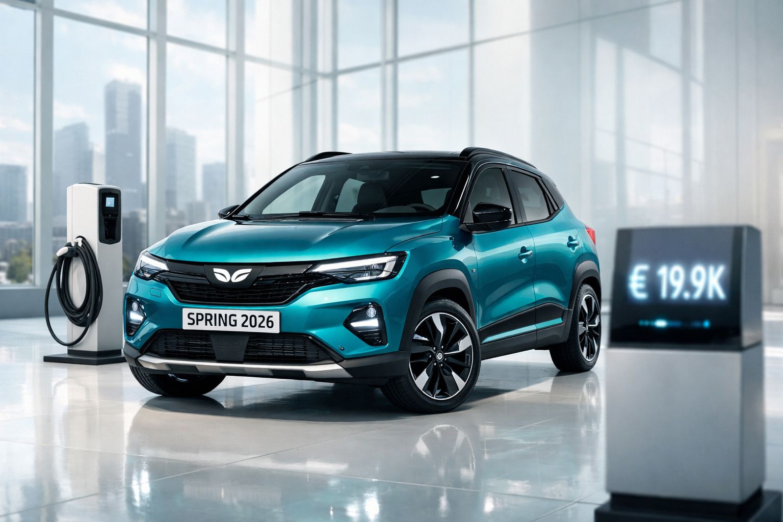 Carro elétrico azul turquesa modelo Spring 2026 numa sala moderna junto a posto de carregamento e preço 19,9 mil euros.