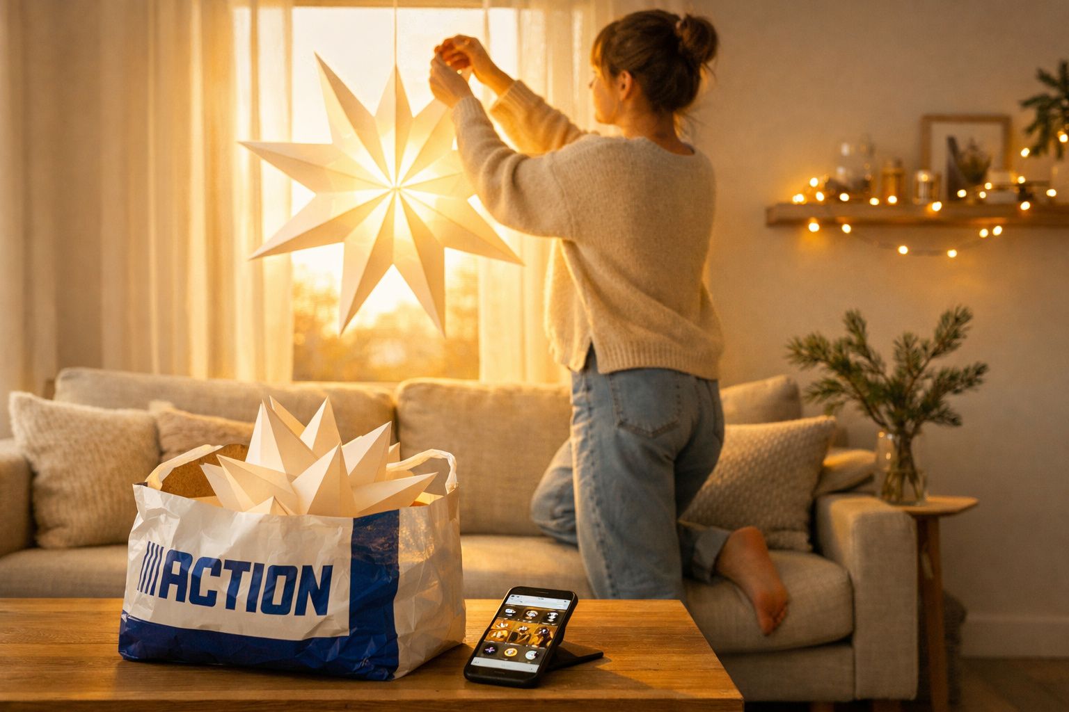 Pessoa a decorar sala com estrelas de Natal em papel iluminadas durante o entardecer.