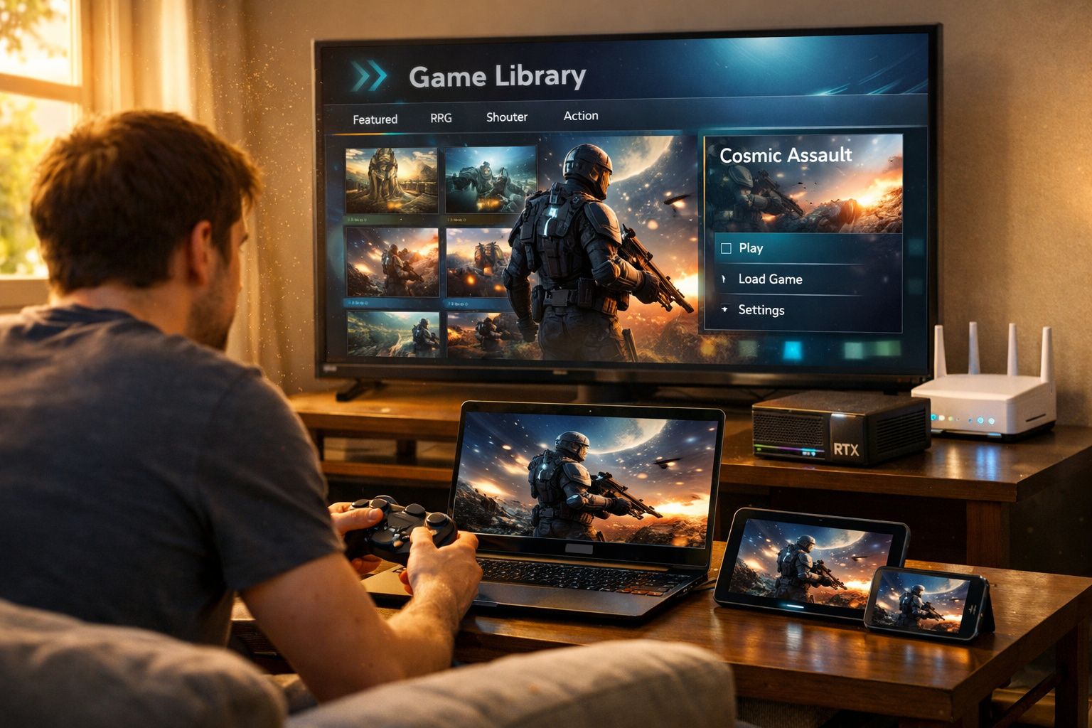 Homem a jogar videojogo de ação em TV, portátil, tablet e telemóvel numa sala iluminada.