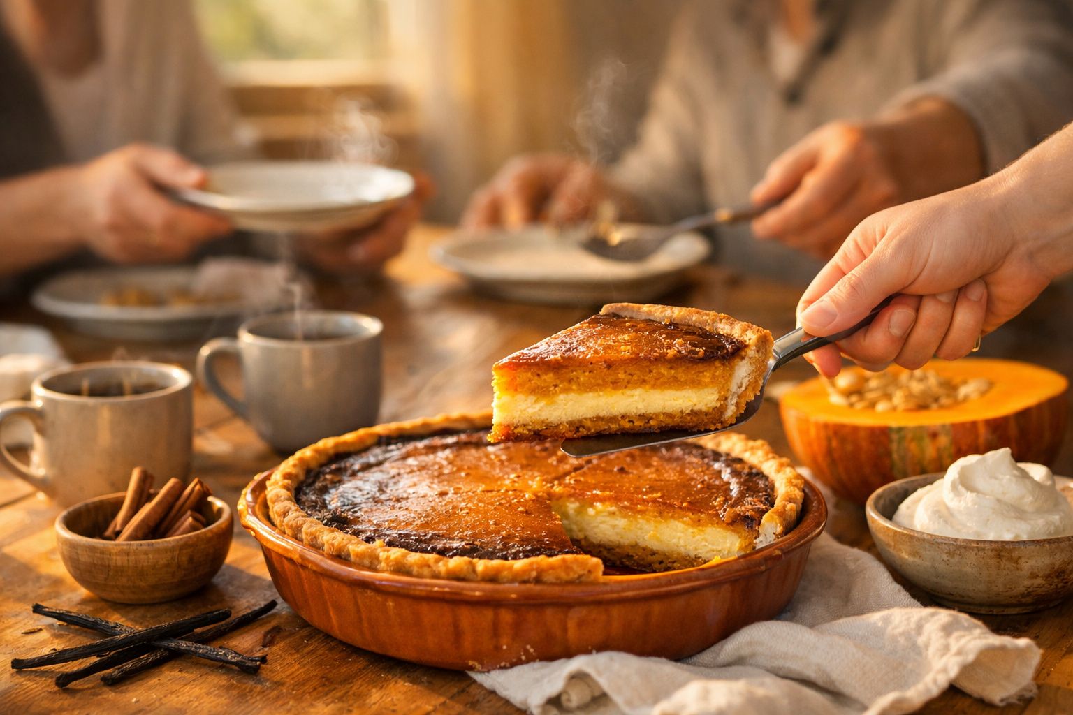 Fatia de tarte de abóbora a ser servida numa mesa com chá quente, canela e natas.