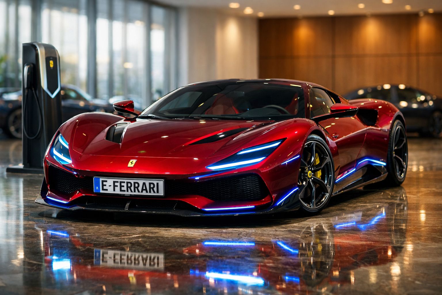 Carro desportivo Ferrari vermelho brilhante estacionado junto a um posto de carregamento elétrico num interior moderno.