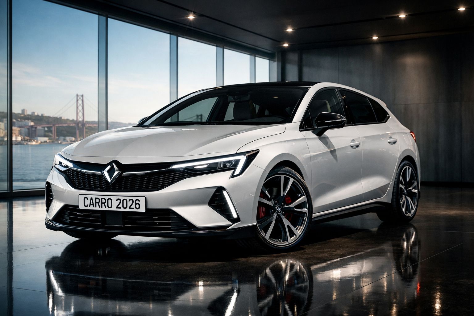 Carro moderno branco estacionado numa garagem com grandes janelas e vista para uma ponte suspensa.