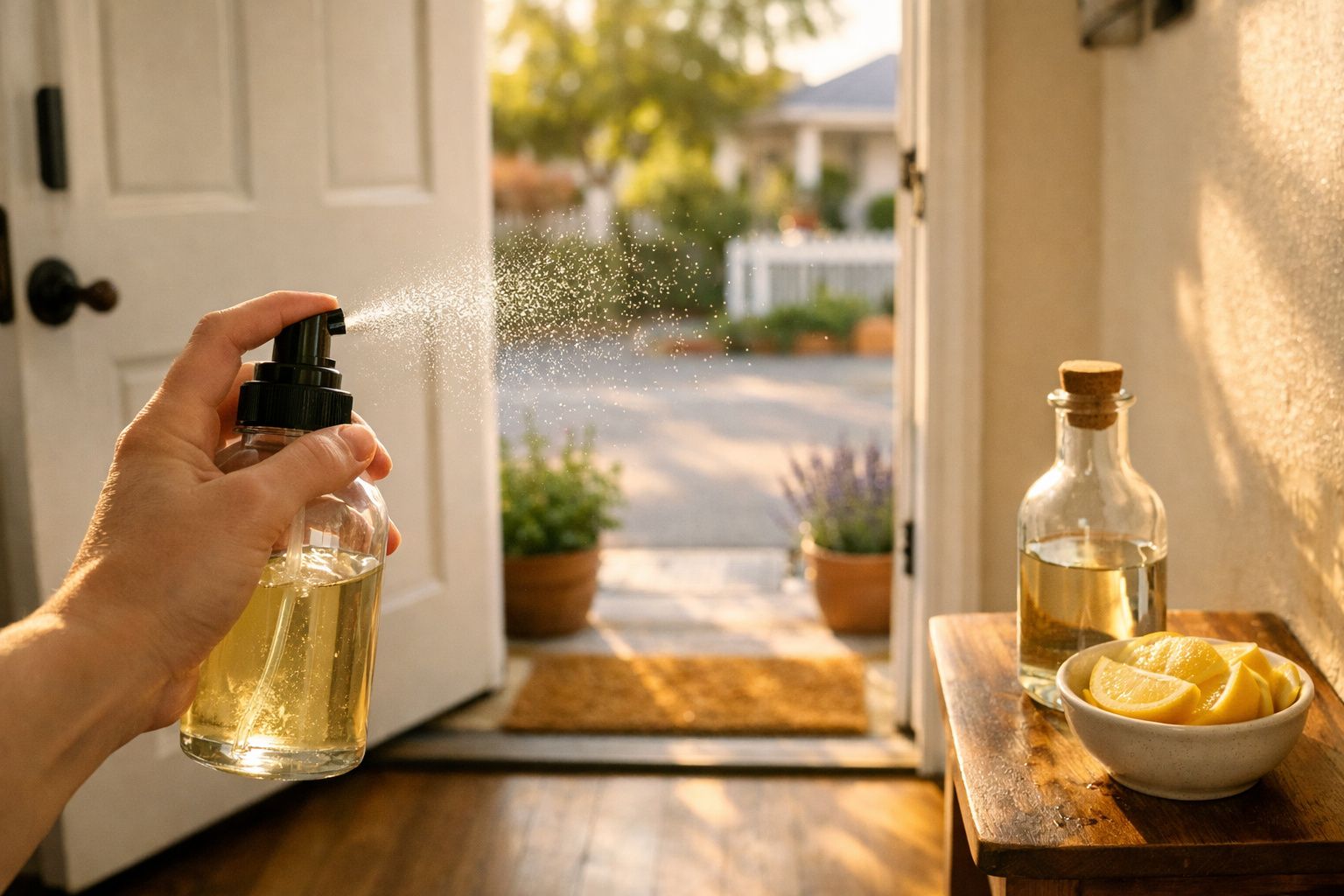 Mão pulveriza spray dentro de casa perto de uma porta aberta com limões e vidros numa mesa.