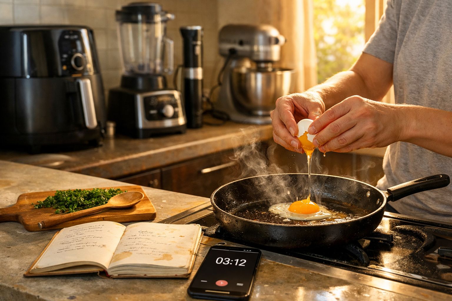Pessoa a partir um ovo numa frigideira enquanto segue uma receita num livro aberto na bancada da cozinha.
