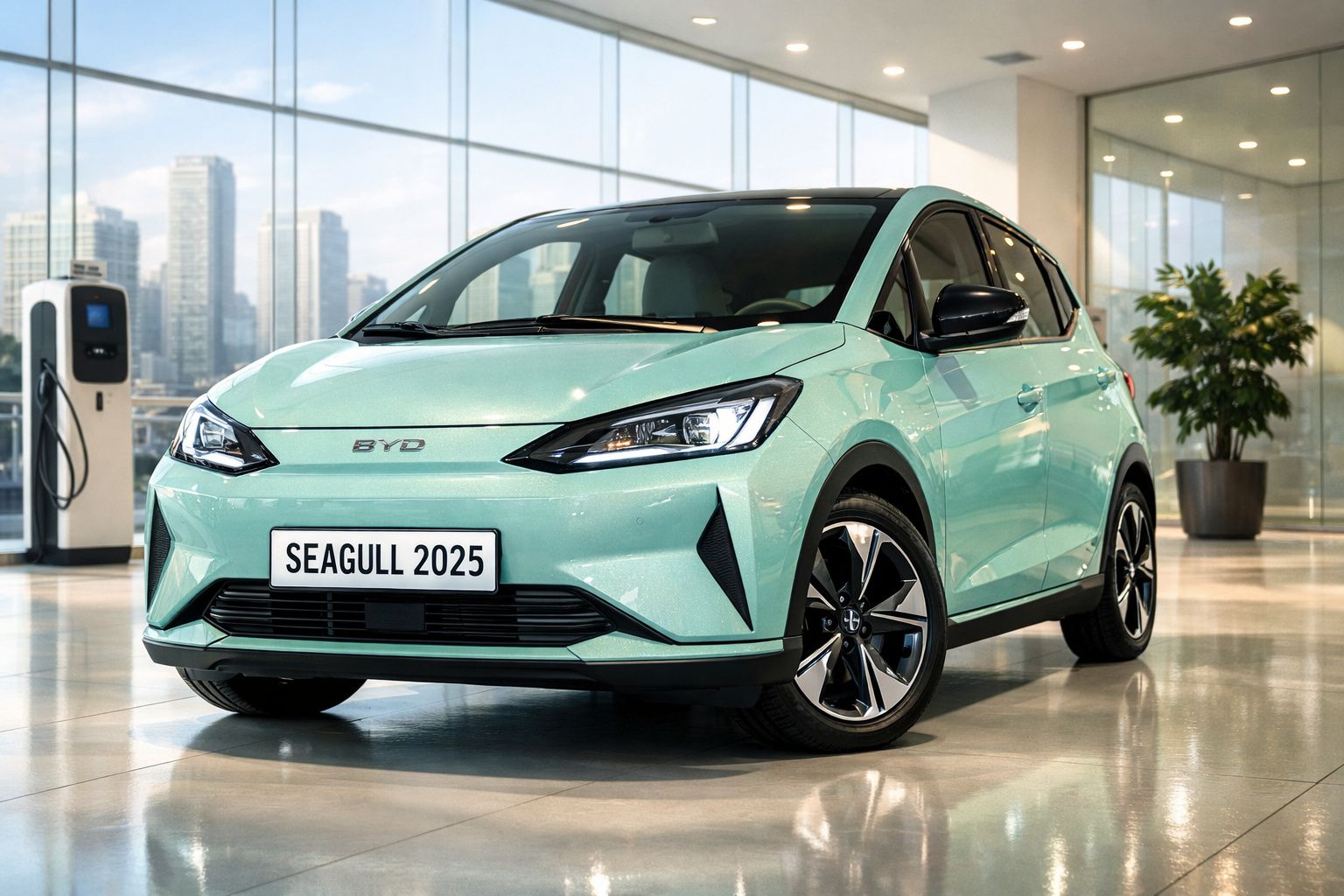 Carro elétrico BYD Seagull 2025 verde claro estacionado num showroom moderno com grandes janelas.