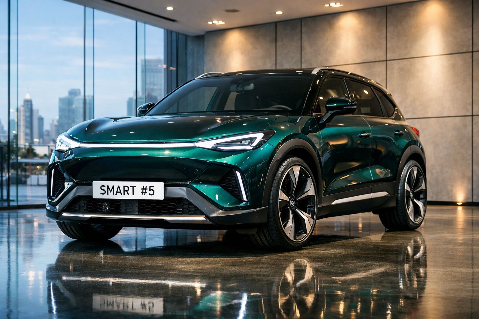 Carro elétrico verde escuro Smart #5 estacionado num ambiente interior moderno e iluminado.