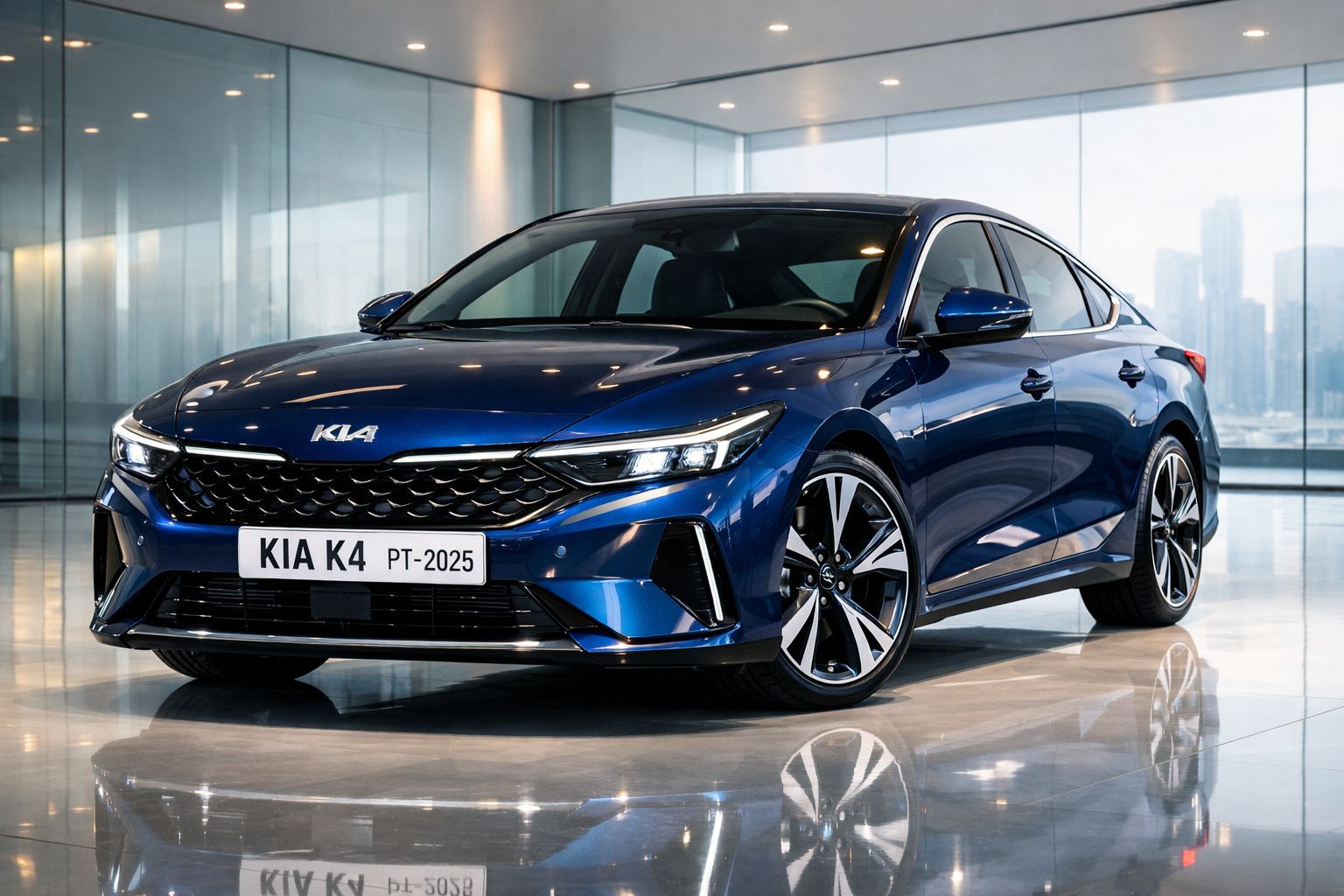 Carro azul Kia K4 2025 estacionado dentro de edifício moderno com grandes janelas de vidro.