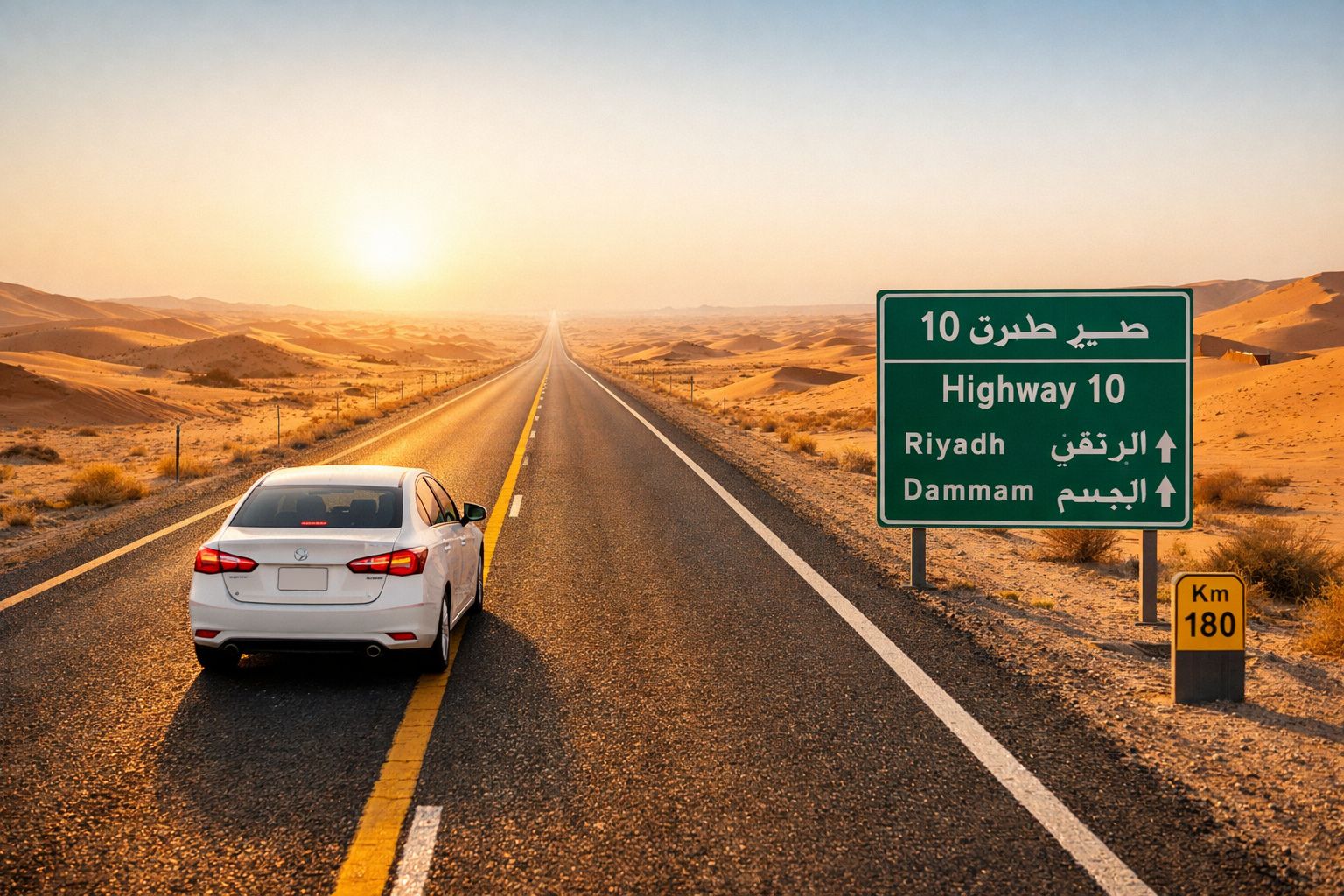 Carro branco parado numa longa estrada deserta no deserto, próximo a placa de sinalização em árabe e inglês.