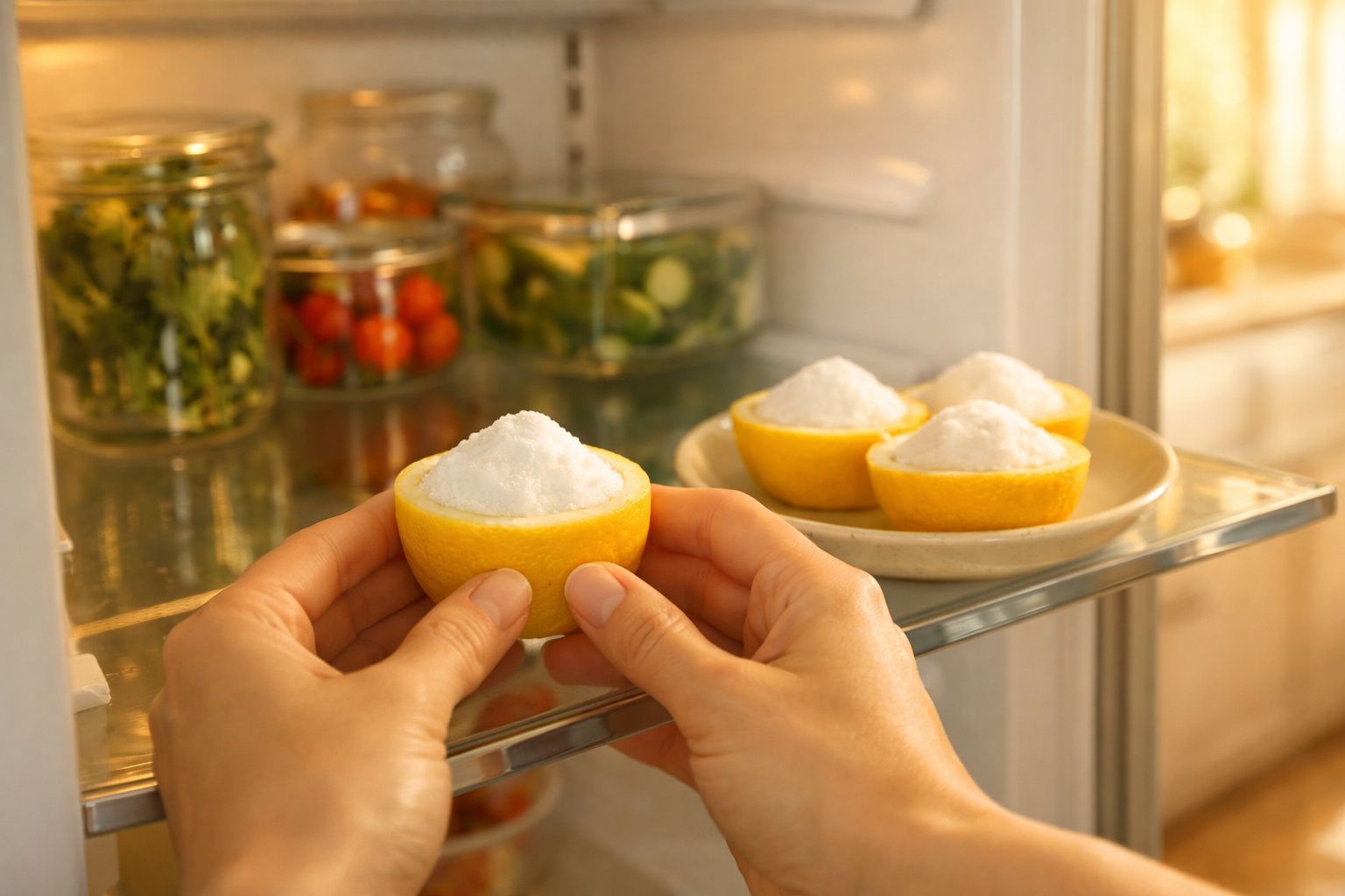 Mãos a colocar metades de limão com bicarbonato de sódio dentro de um frigorífico.