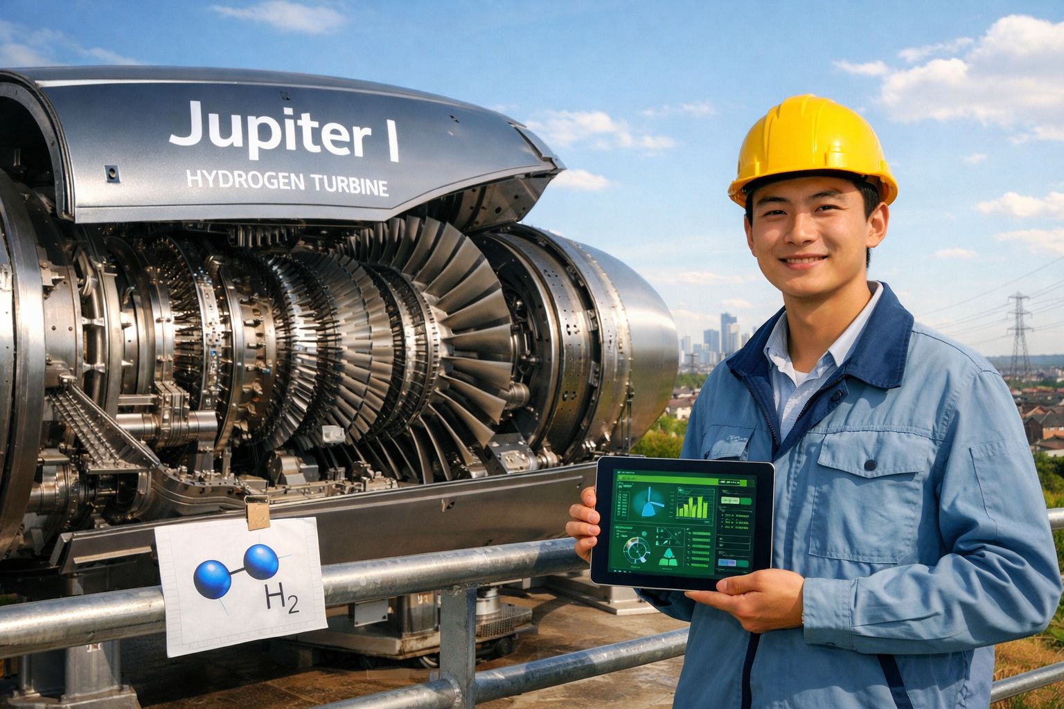 Engenheiro com capacete amarelo segura tablet junto a turbina de hidrogénio em ambiente industrial ao ar livre.