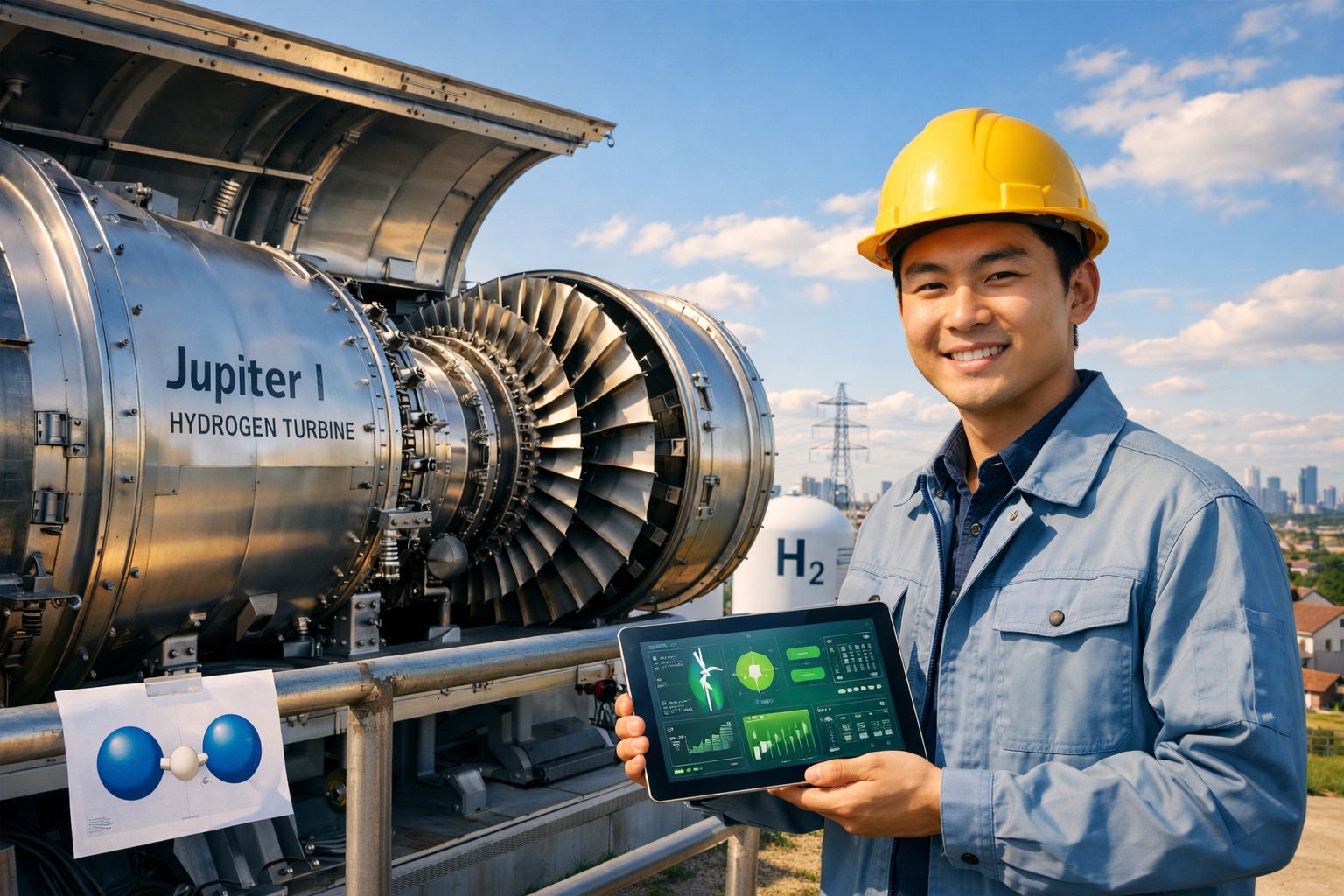 Engenheiro com capacete amarelo segura tablet junto a turbina de hidrogénio em ambiente industrial exterior.