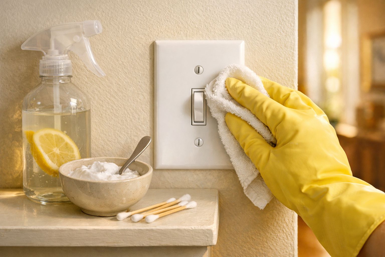 Pessoa com luva amarela a limpar interruptor de luz com pano, ao lado de spray caseiro e varetas de algodão.