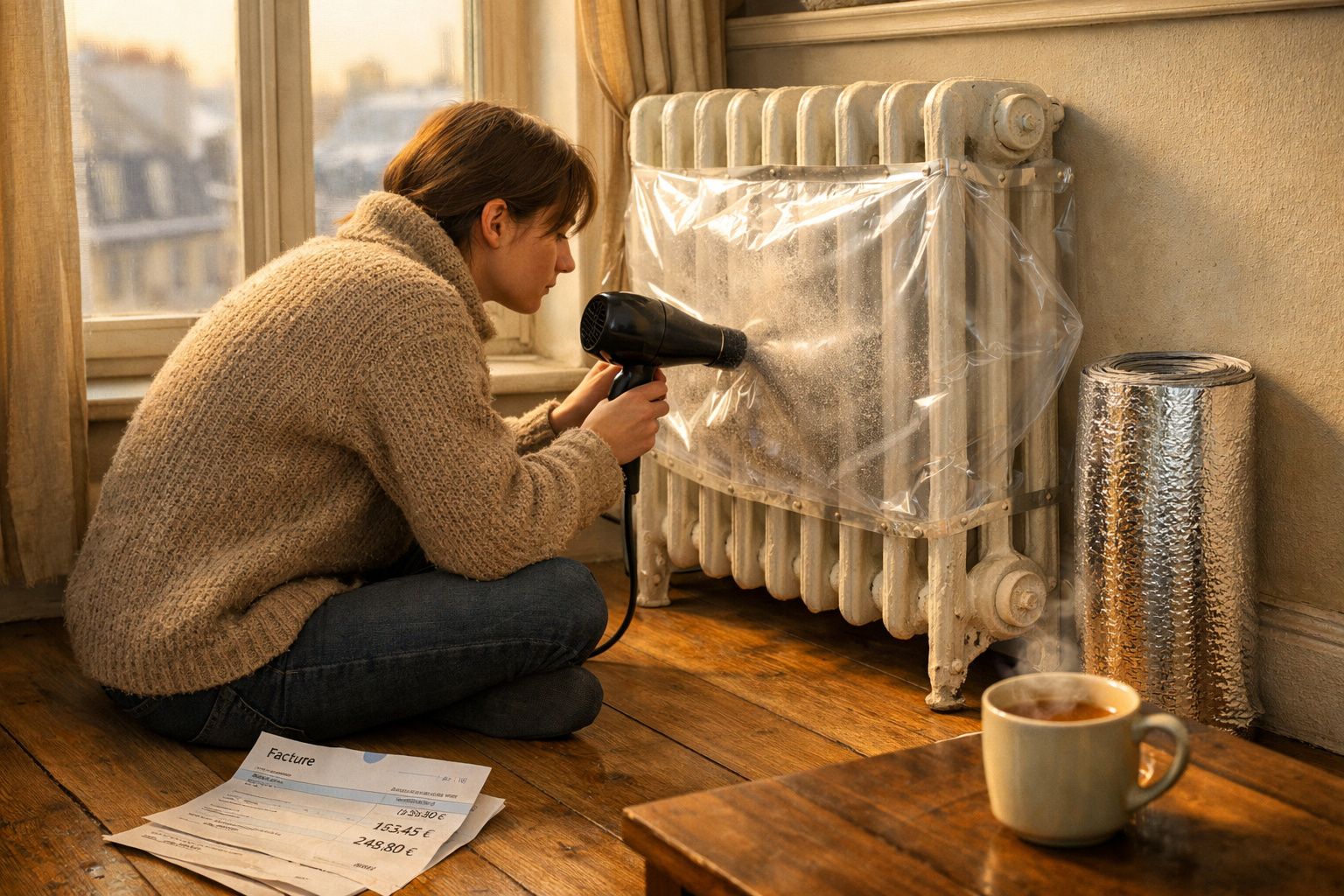 Mulher aquece plástico em radiador com secador, ao lado de faturas e chá quente num ambiente doméstico.