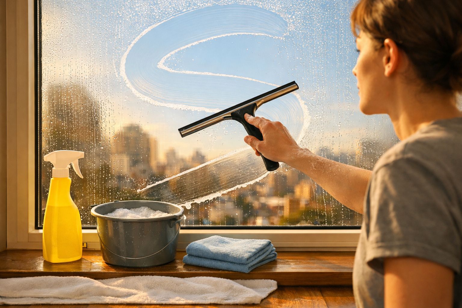 Pessoa a limpar uma janela com rodinho, com balde, spray amarelo e pano azul num parapeito.