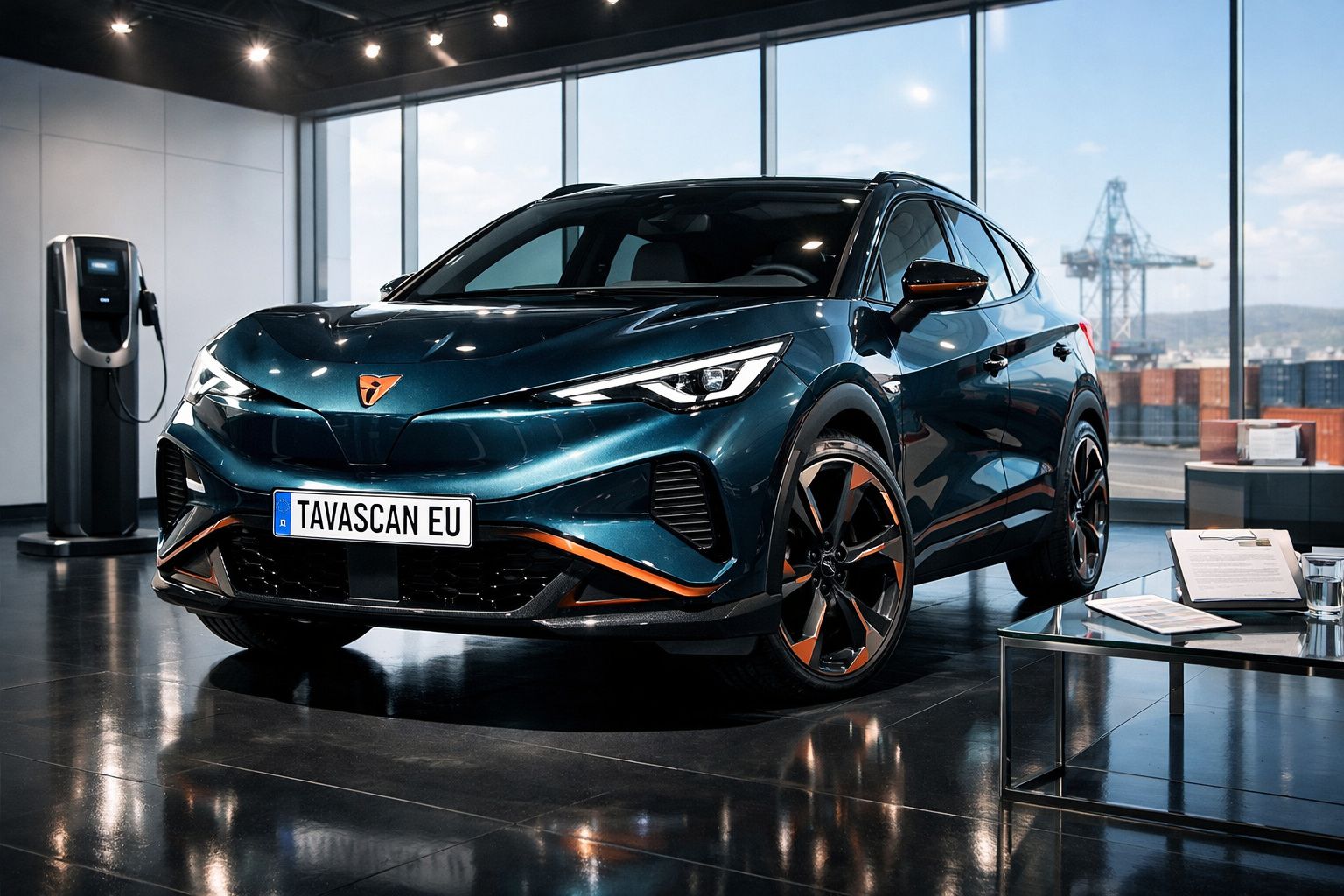 Automóvel elétrico CUPRA Tavascan azul metálico numa exposição com carregador elétrico ao fundo.