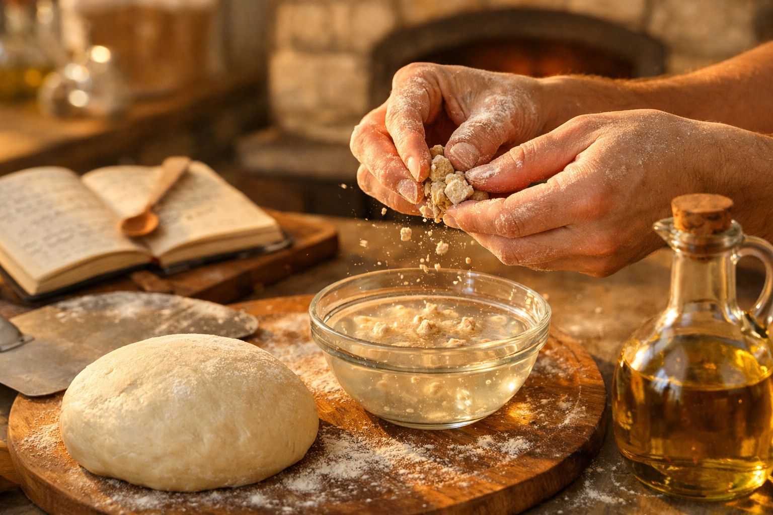 Mãos a desfazer fermento em água, com massa, frasco de azeite e livro de receitas na cozinha.