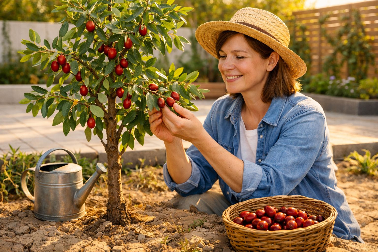 Mulher a colher frutos vermelhos de um arbusto, com chapéu e cesta cheia junto no chão.