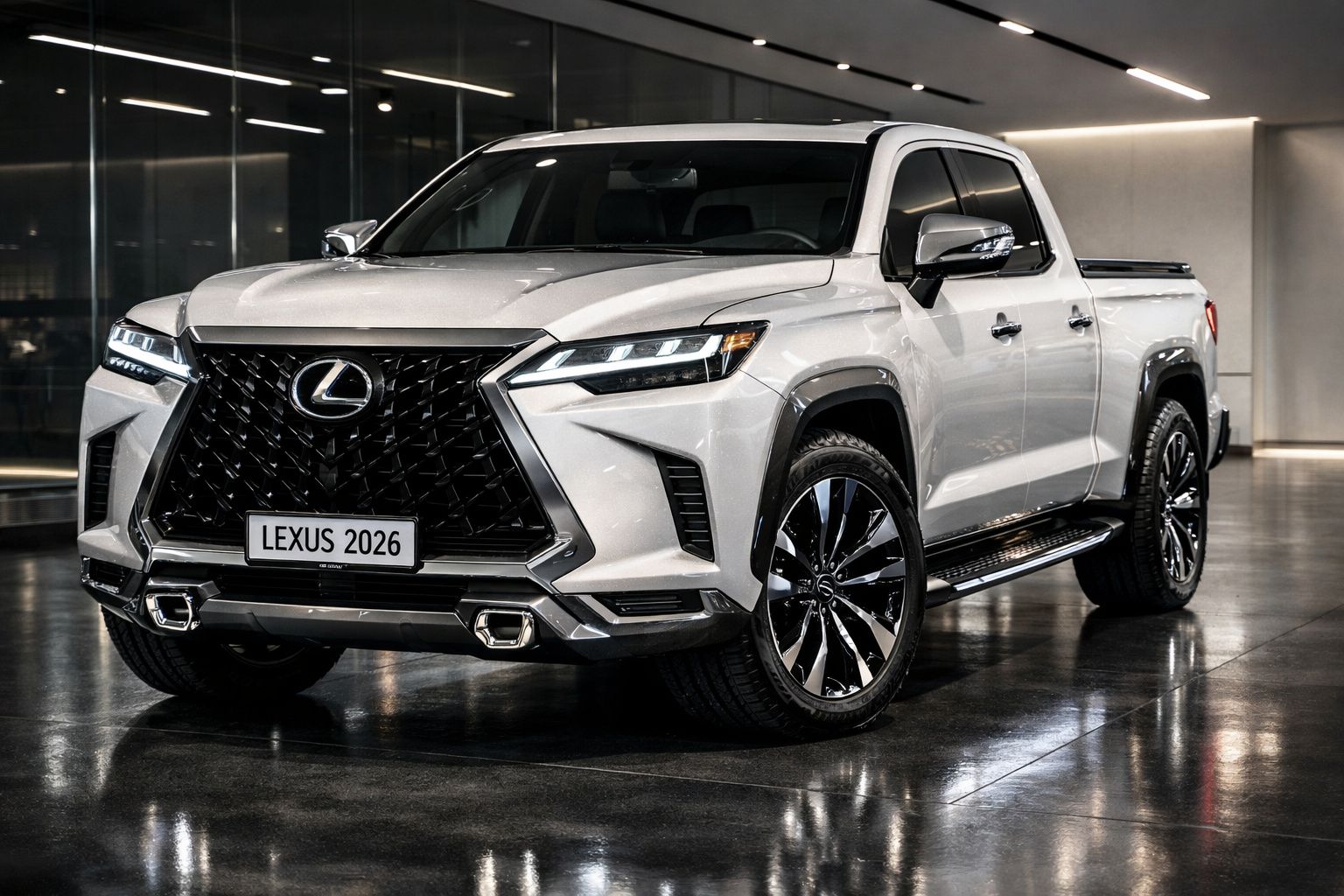 Picape Lexus branca 2026 com design moderno e faróis LED, exibida em salão interior com iluminação ambiente.