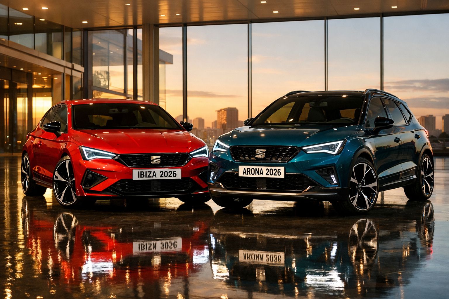 Dois carros SEAT 2026, um vermelho e outro azul, estacionados num piso brilhante junto a grandes janelas.