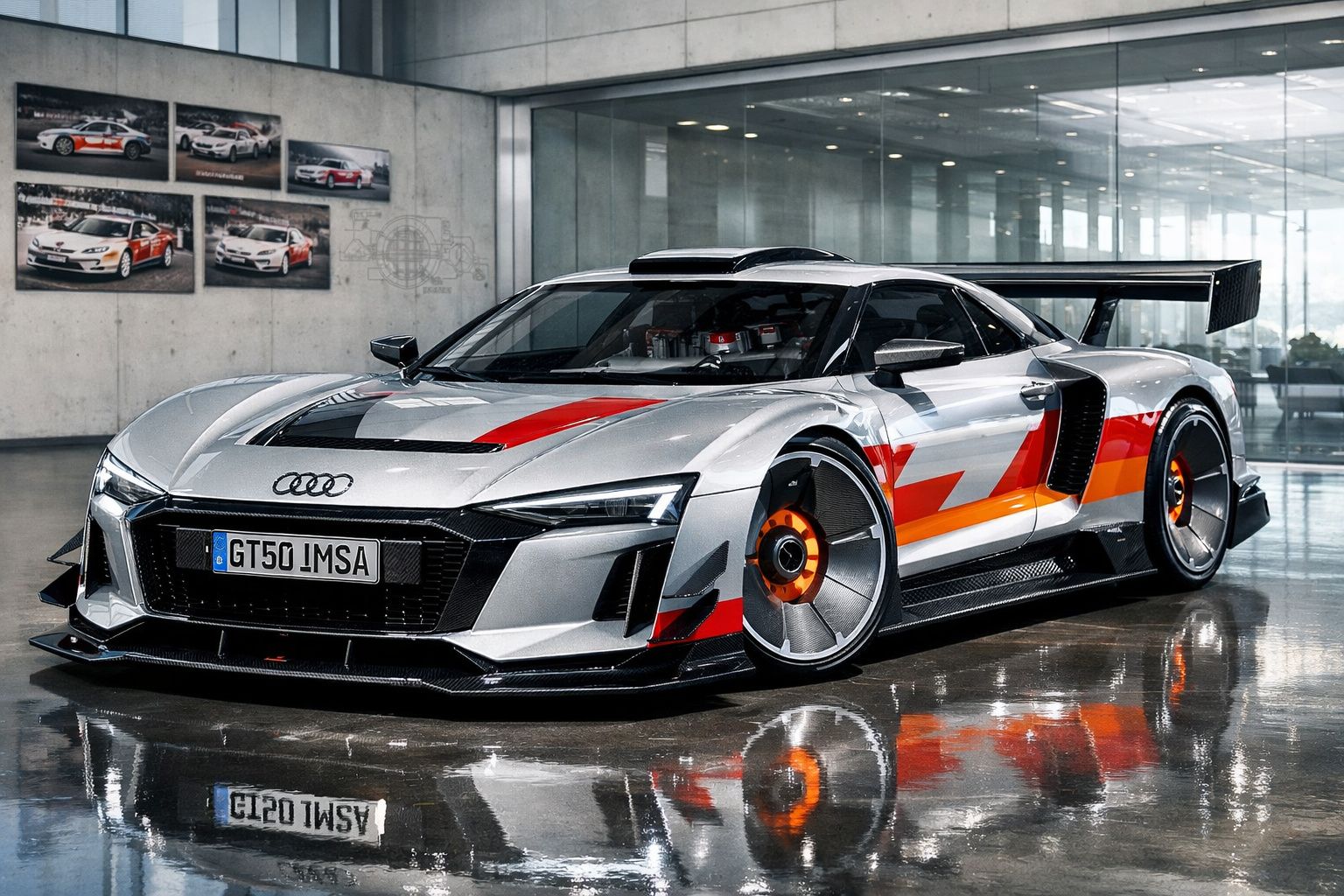 Audi R8 LMS Evolution II prata com detalhes laranja e vermelho numa garagem moderna e brilhante.