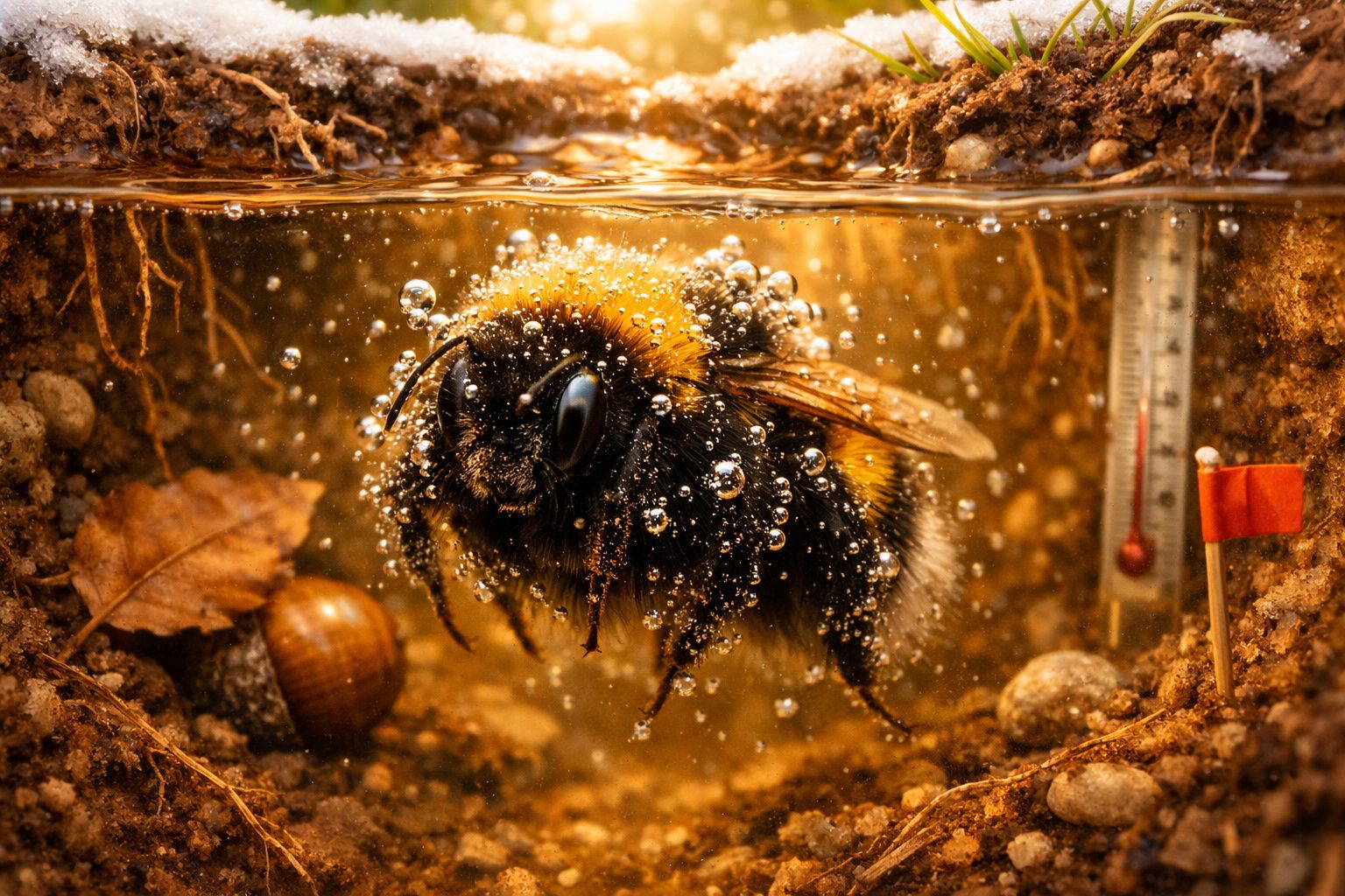 Abelha submersa em água junto a terra, folhas, caroço e bandeira vermelha, com bolhas ao redor.