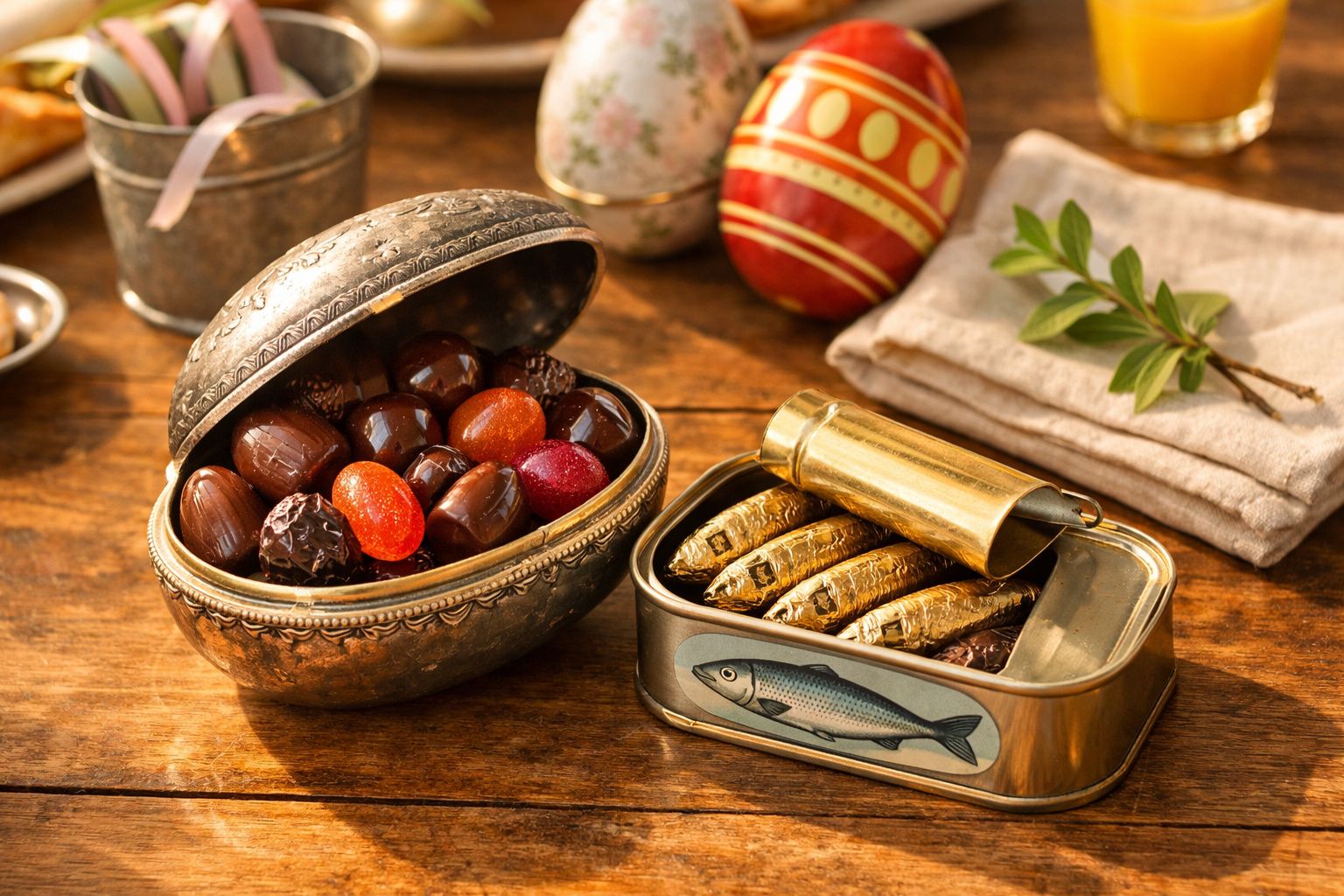 Caixa metálica com ovos de chocolate e lata aberta com chocolates dourados em forma de sardinha sobre mesa de madeira.
