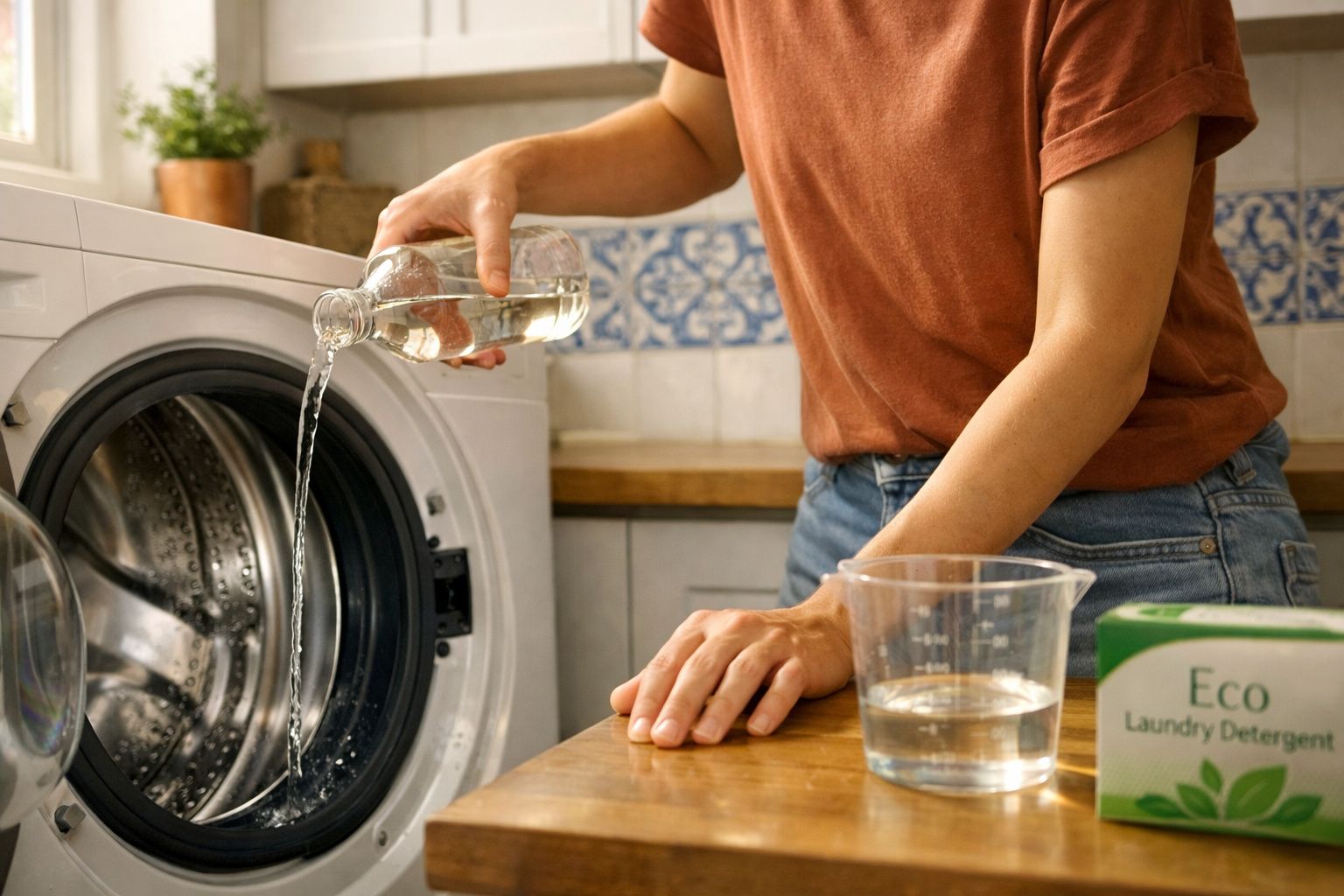 Pessoa a despejar líquido numa máquina de lavar roupa numa cozinha com detergente ecológico.