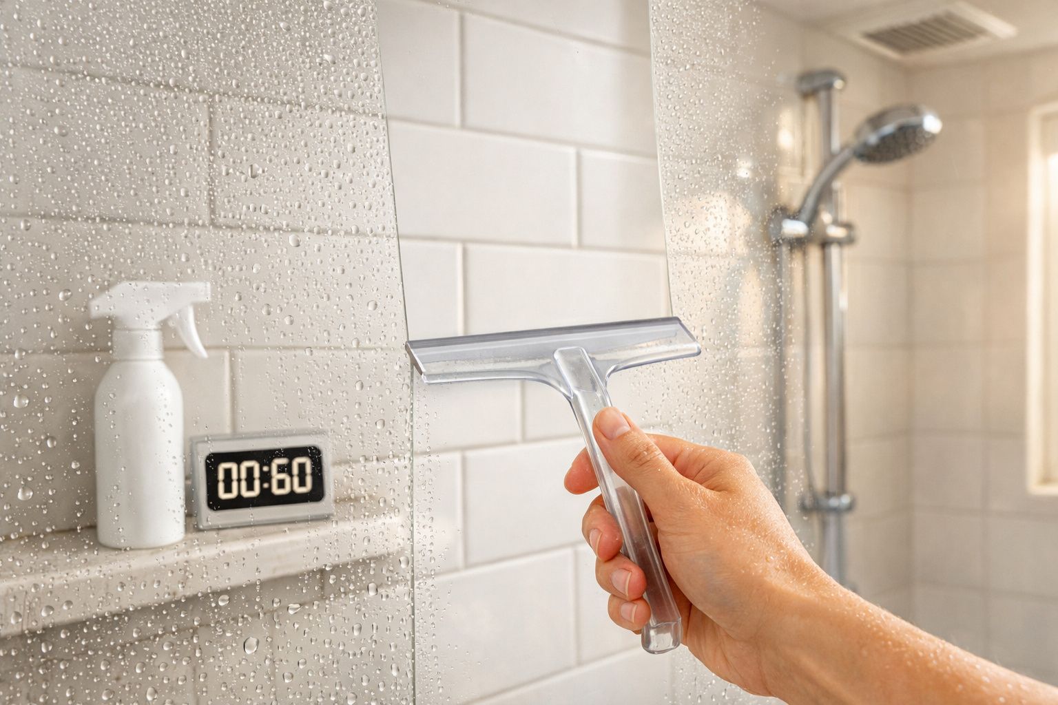 Pessoa a limpar vidro de duche com um limpa-vidros, spray branco e relógio digital na prateleira da casa de banho.