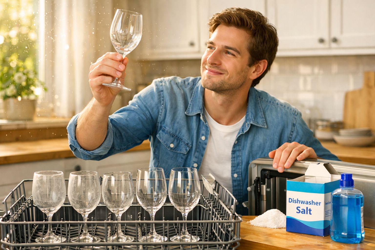 Homem a verificar copo limpo retirado da lava-louças na cozinha luminosa.