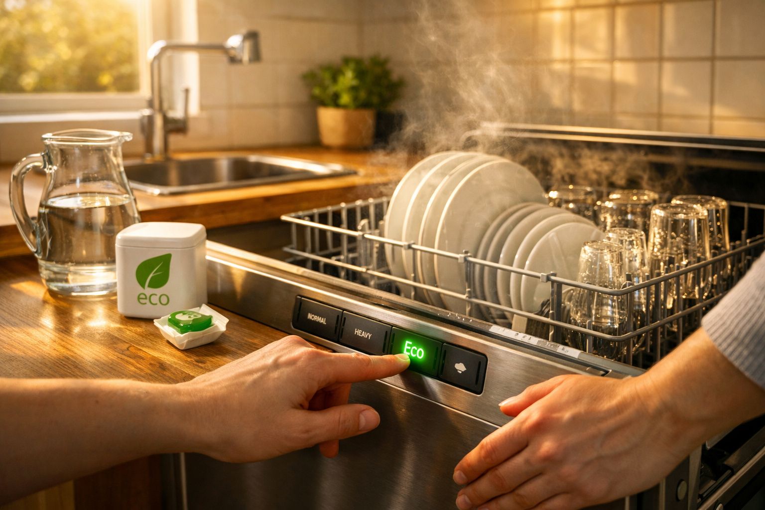 Pessoa a carregar botão eco na máquina de lavar loiça com loiça a vapor no interior.