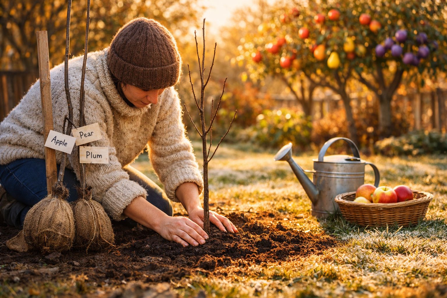 Mulher a plantar muda de árvore no jardim ao pôr do sol, com regador e cesta de maçãs ao lado.
