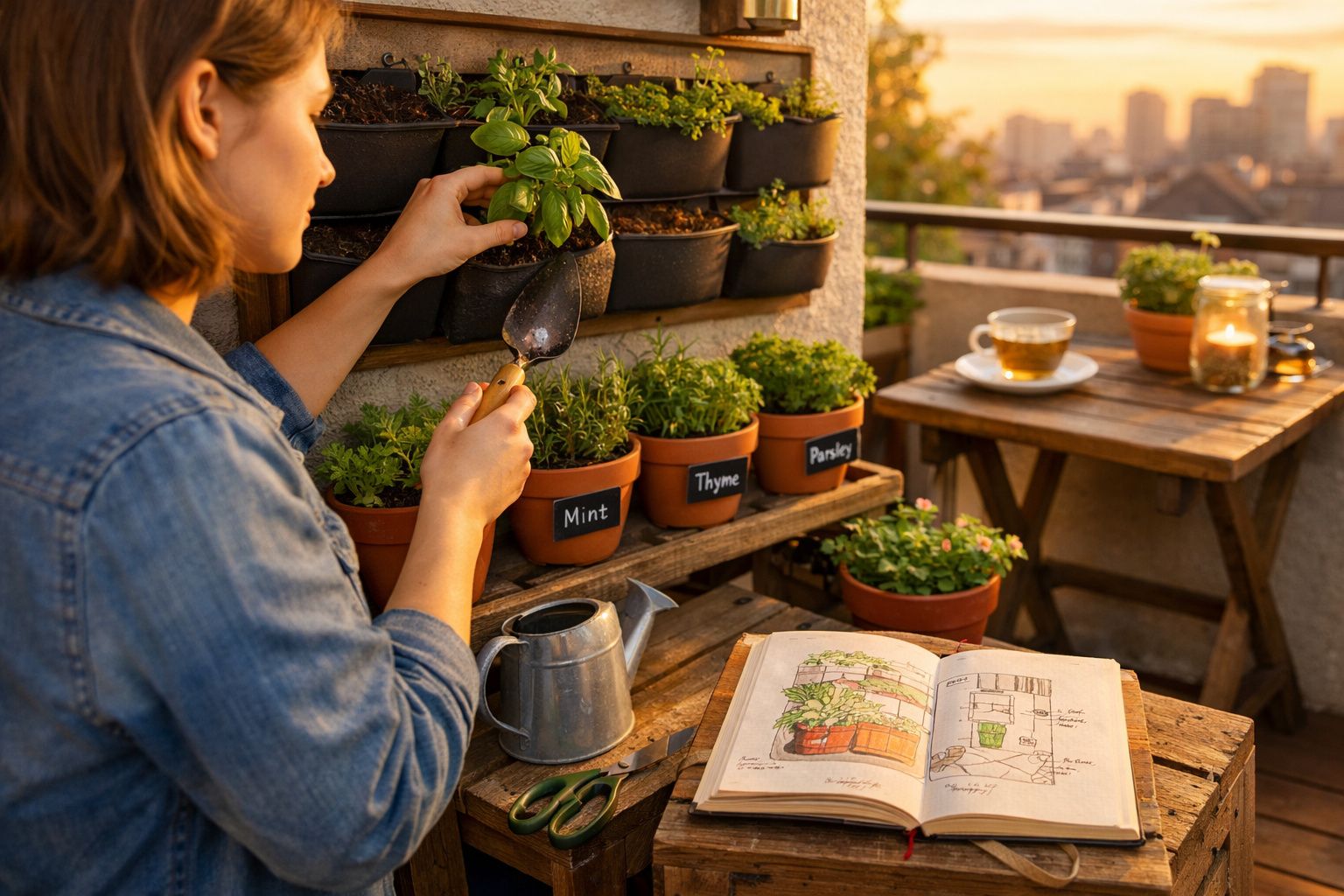 Mulher a cuidar de plantas aromáticas num terraço ao pôr do sol, com livro e chá numa mesa de madeira.