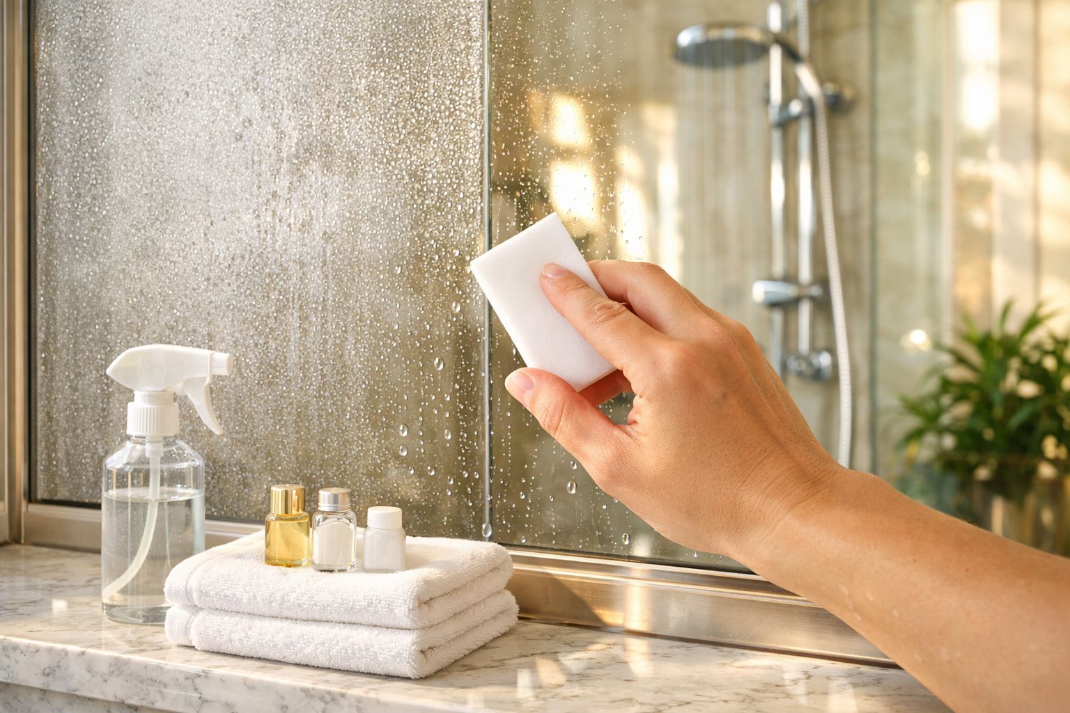 Mão a limpar espelho do banheiro com esponja branca, perto de toalhas e frascos de produtos de limpeza.