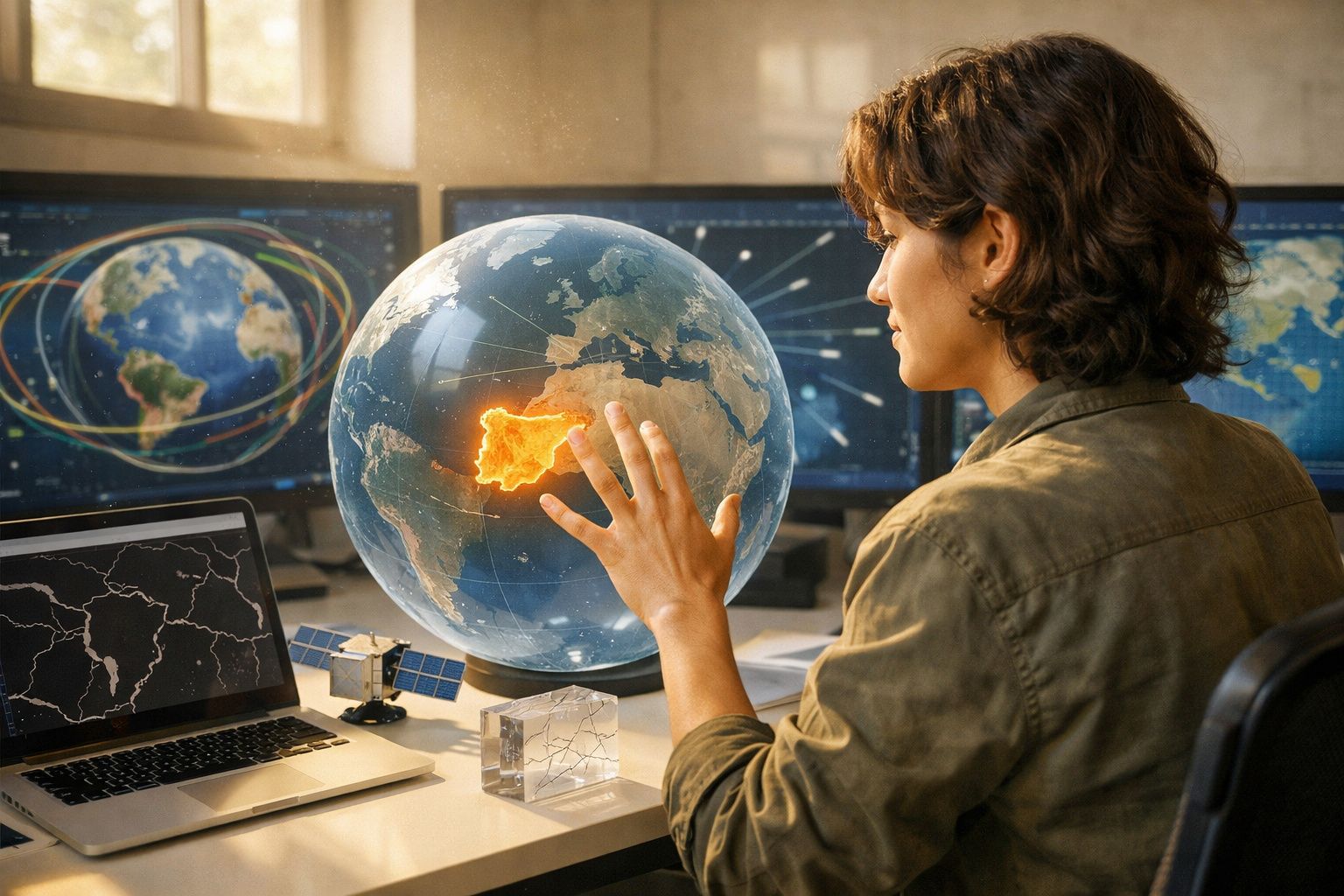 Pessoa a analisar um globo virtual com destaque iluminado na Espanha num escritório com mapas e computador.